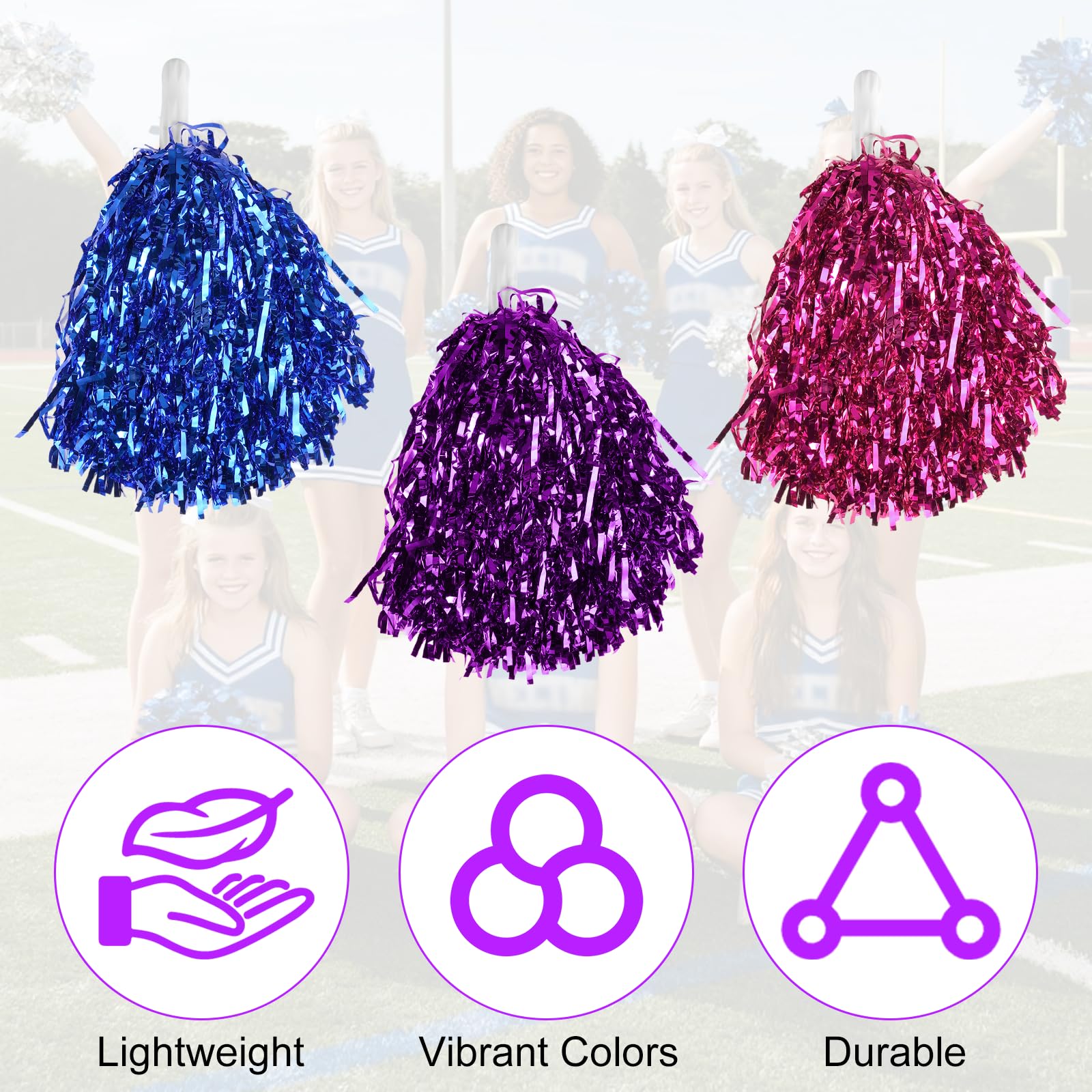 Pompones de Animadora 6 Piezas con Mango Azul/Violeta/Magenta para Eventos Deportivos y Fiestas