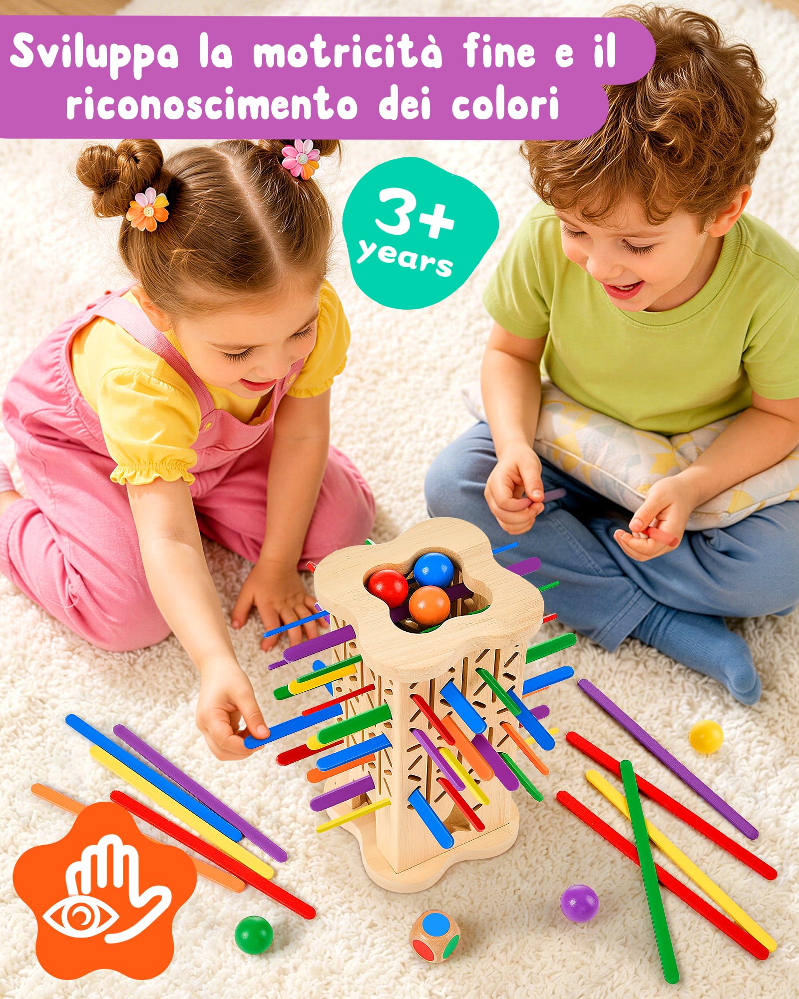 Giocattoli Montessori in Legno per bambini 3 4 5 6 anni | Gioco di Società Educativo con Bastoncini Colorati, Dado e Palline, Sviluppa la Motricità Fine e la Concentrazione, Regalo