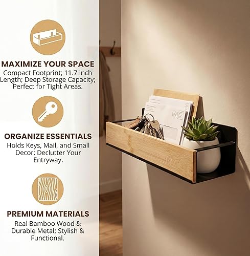 Vista 6 de Estantes de baño, estante flotante montado en la pared, estante de almacenamiento sobre el inodoro, estantes de pared de bambú de metal, organizador