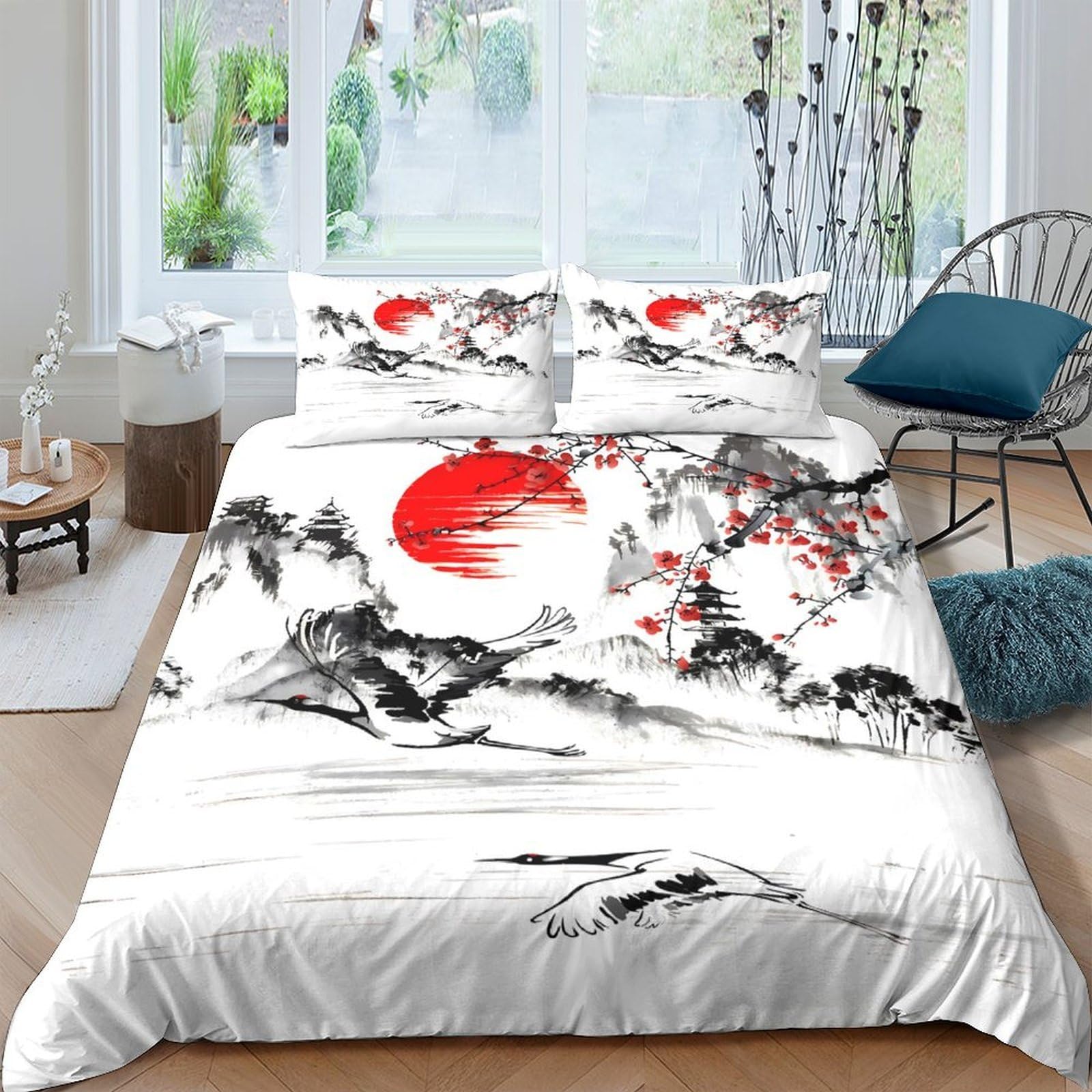 Ctjqhvkz Style-4 3D Printed Japanese Ink Landscape Fitted Sheet Microfiber Red Sun Bed Cover For Bedroom Guest Room Decor Single（135X200cm）