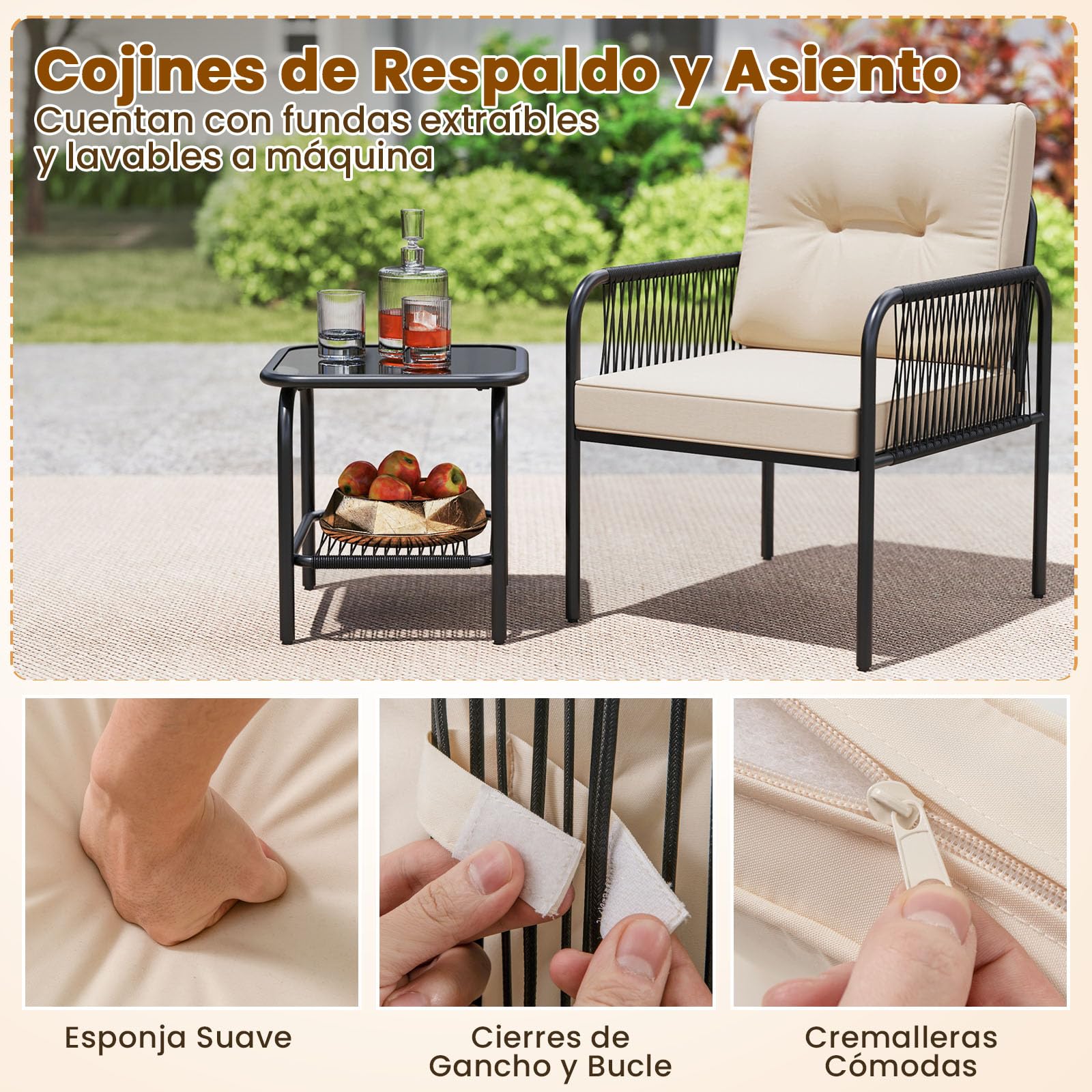 COSTWAY Conjunto Jardin Exterior de Ratan PE 3 Piezas, Mesa de Vidrio Templado, 2 Sillas con Cojines, Mesa y Sillas Muebles Jardin Terraza Balcon Exterior