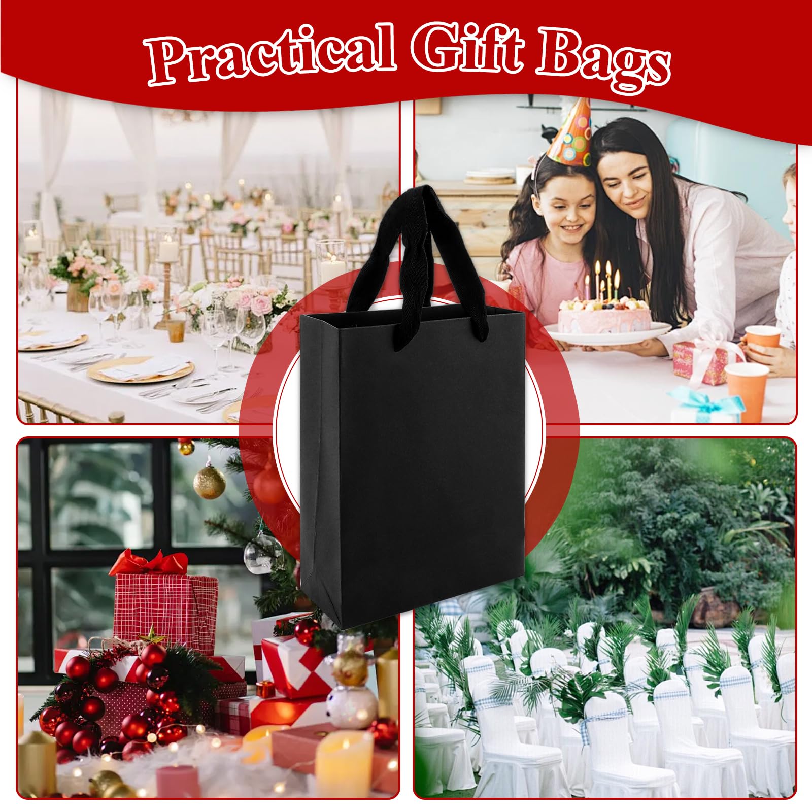 30 Sacchetti Regalo Di Carta Neri Con Manici - 15x7x20 Cm - Robusti, Per Matrimoni, Natale, Feste