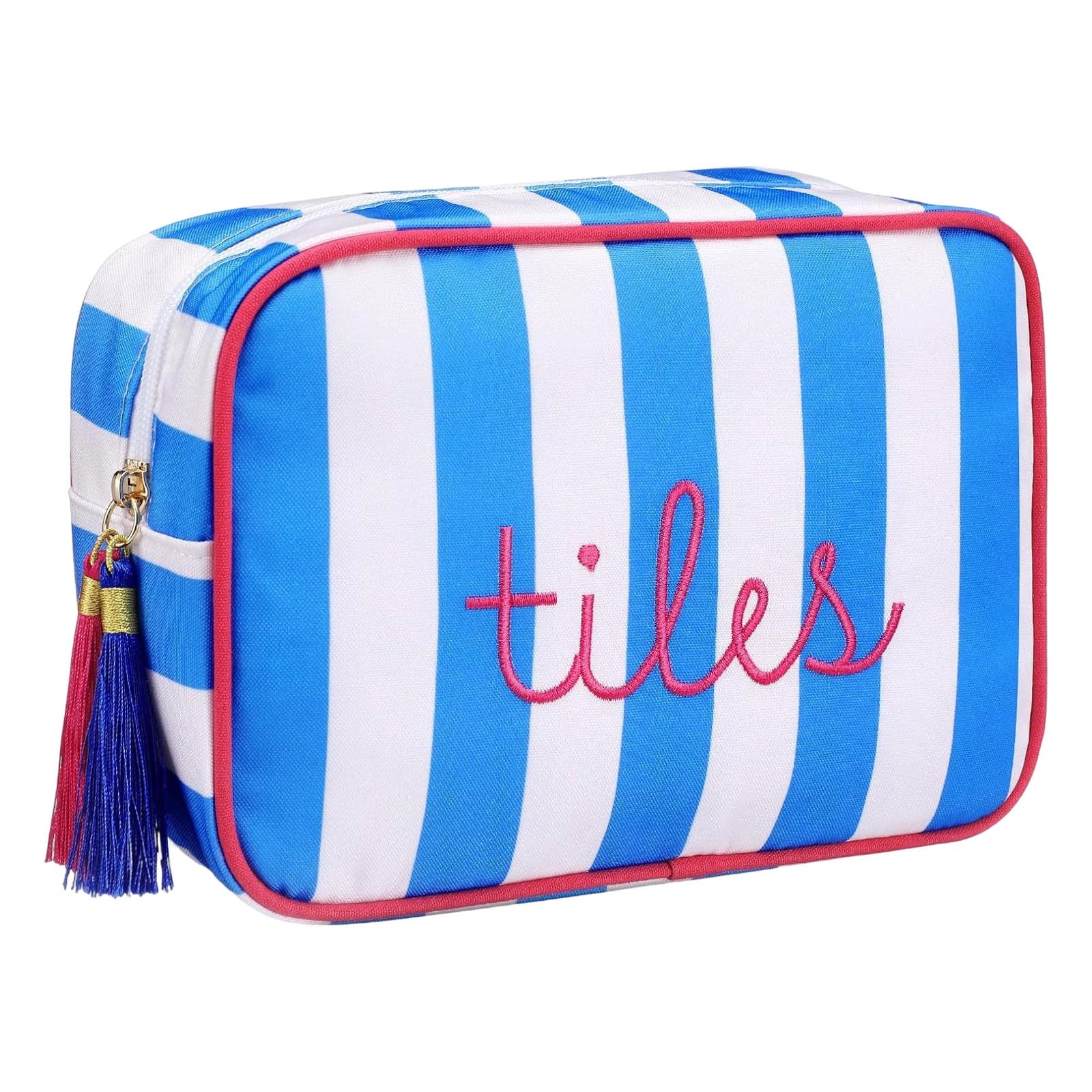 Zeiwohndc Dark Blue And White Striped Toiletry Bag With Tassels For Travel And Home Storage Use Large Capacity Cosmetic Bag