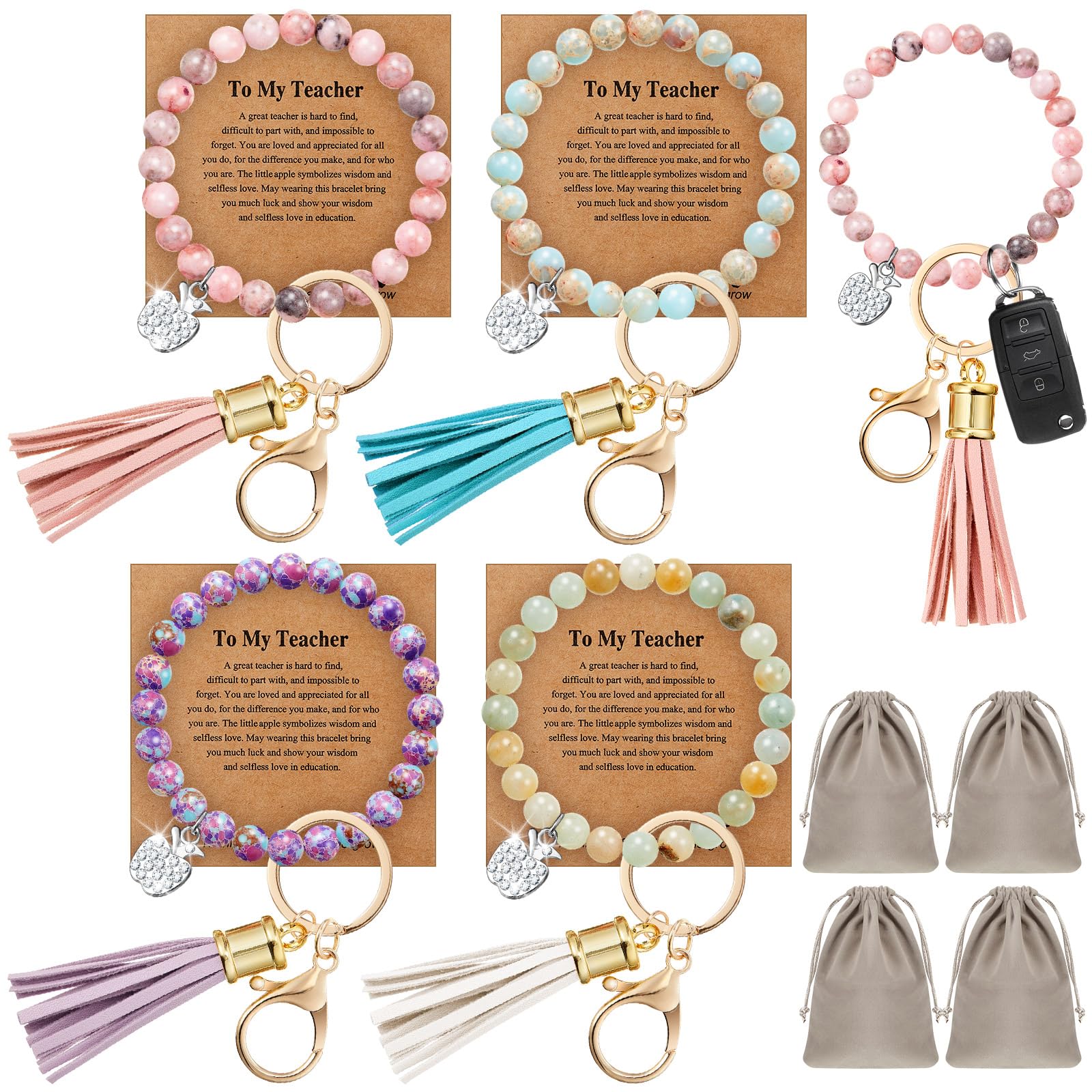 Landical Teacher Appreciation Beaded Bracelets Keychain Gifts in Bulk for Women Silicone Keychain Thank You Message Card(4 Sets,Natural Stone)
