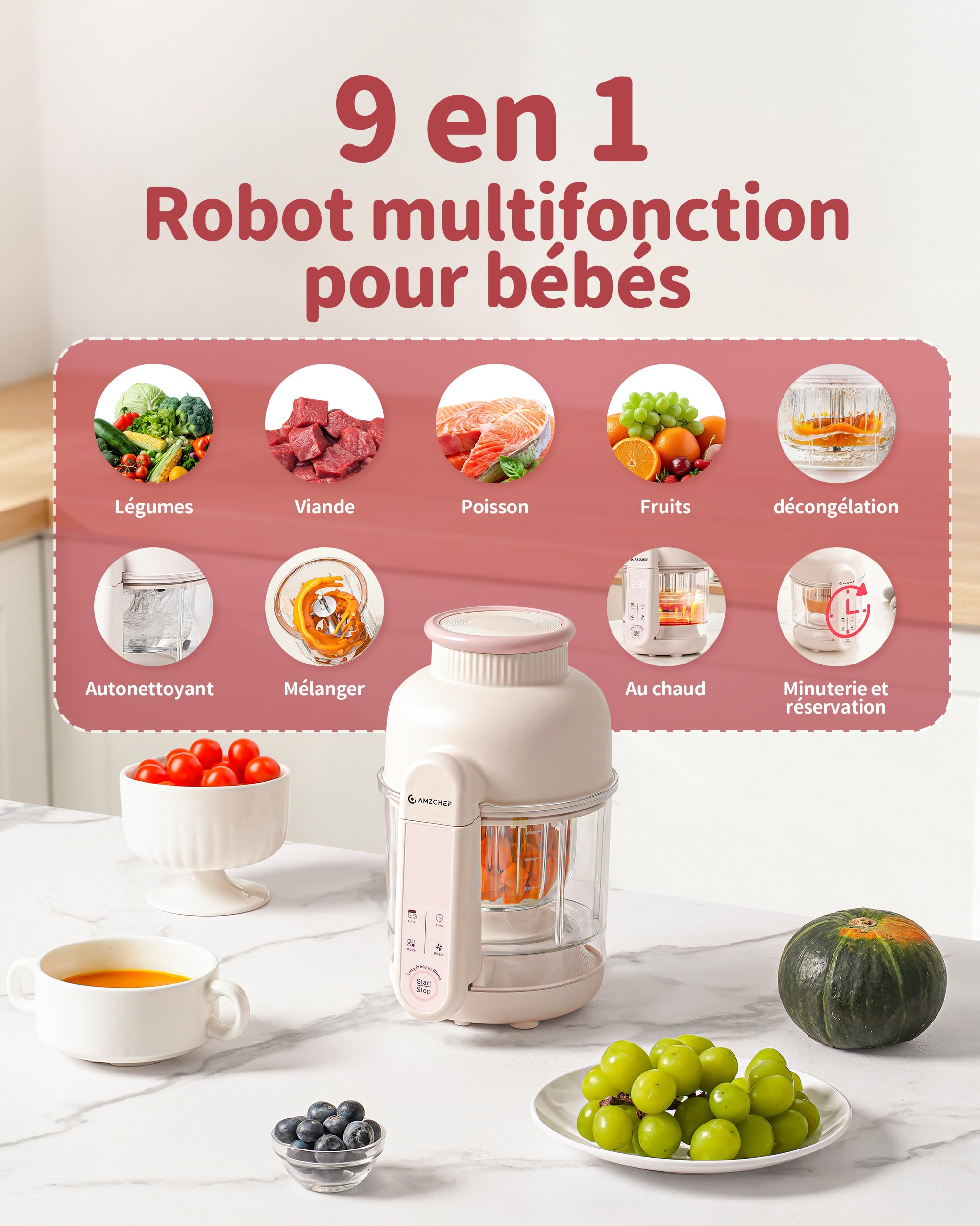 AMZCHEF Robot Cuiseur Bébé 6-en-1, Cuiseur Vapeur Mixeur 350 ml – Cuisson automatique & Hachage, Décongeler, Réchauffer – Commande Tactile, Lame 4 Couches, Sans BPA, Auto-Nettoyage