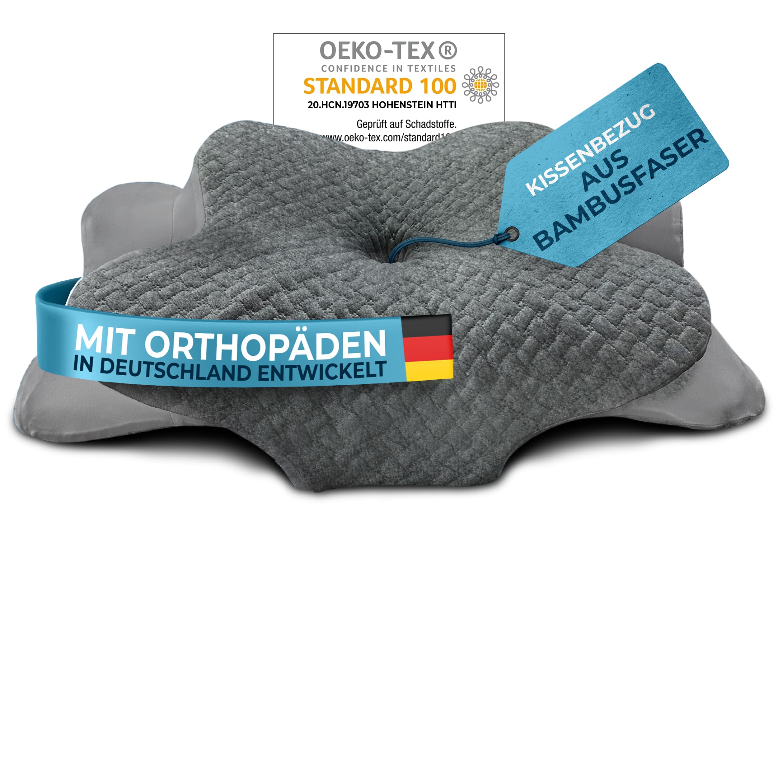 Glückstoff® Kissenbezug Orthopädisches Kissen mit Kühl-Wärme-Effekt aus Bambus | Weich & Kuschelig | Grau Ergo Version