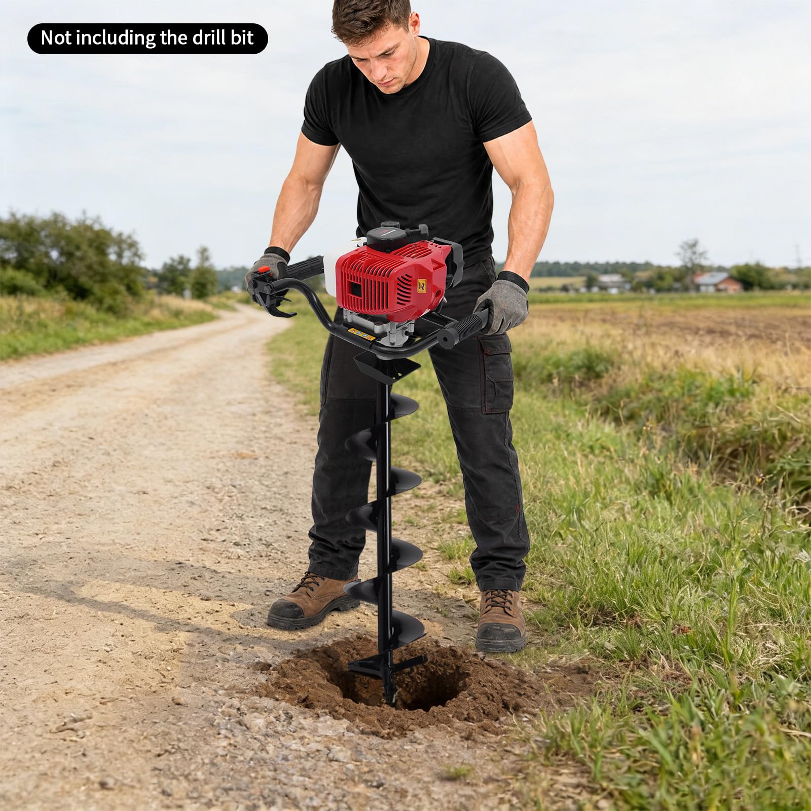 52 cc Erdlochbohrer, 2-Takt-Einzylinder-Benzinmotor für Erdbohrer, 2HP Erdbohrer-Motor, Benzin Gartenbohrer mit 4-Bohrer ø Ausgerüstet (100,150,200,300 mm)