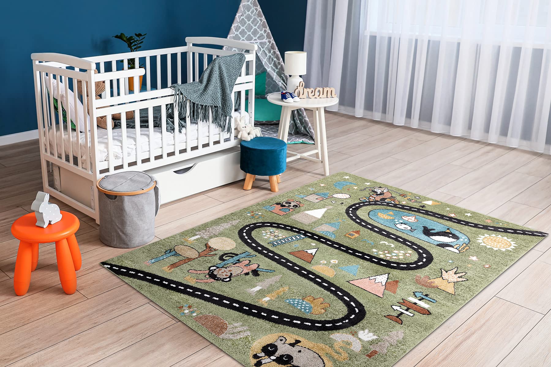 Dywan Fun Route dla dzieci, ulica, zwierzęta zielone 80 x 150 cm zielony