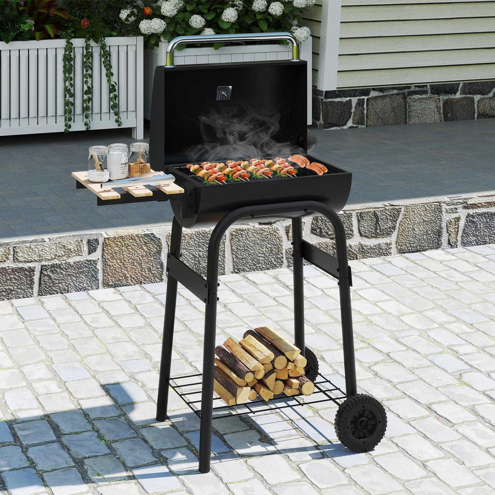 COSTWAY Grill na węgiel drzewny, wózek grillowy ze składanym stolikiem bocznym, termostatem, pokrywką, półką do przechowywania, uchwytem i 2 kółkami, do ogrodu, na imprezę, kemping, 84,5 x 49 x 110,5