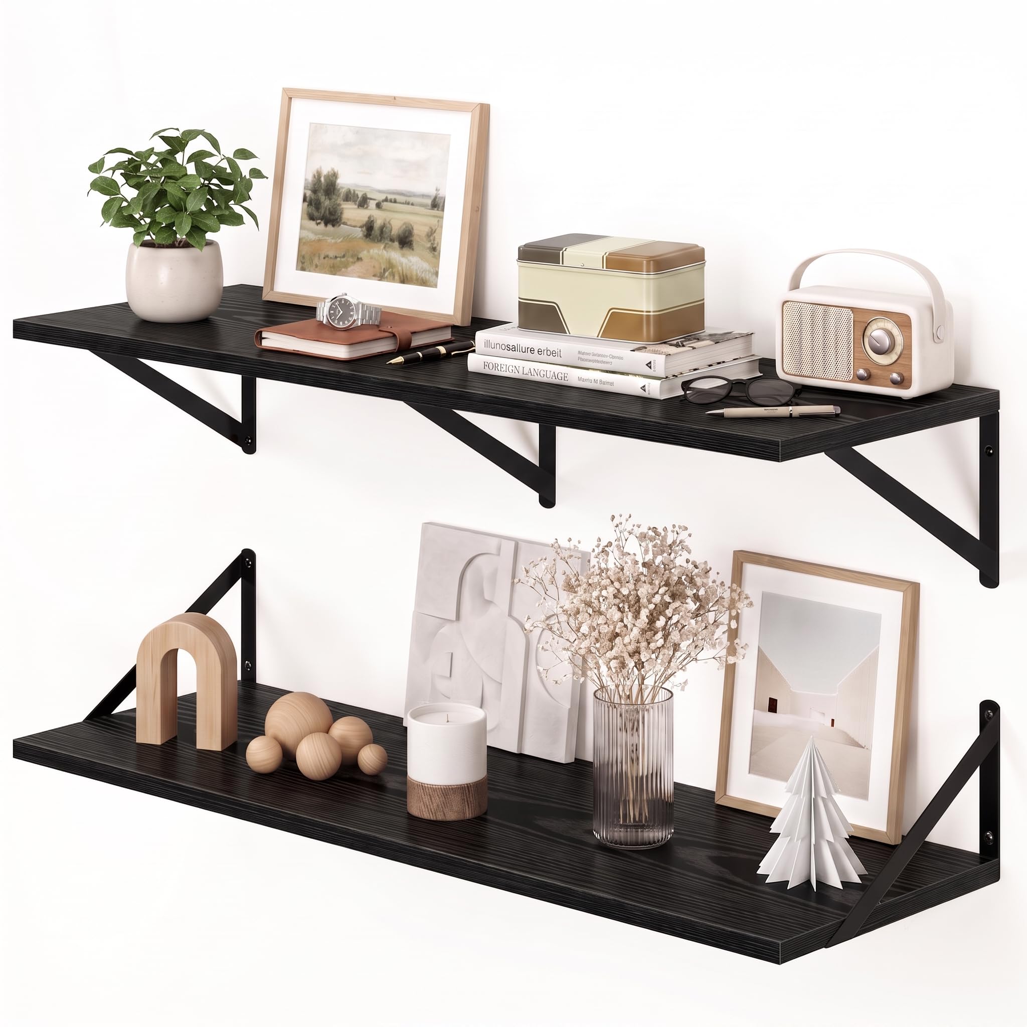 Fun Memories Deep Floating Shelves for Wall, 90 x 30 cm Wall Mounted Shelves Set of 2, Wide Display Ledge Shelf with Sturdy Metal Brackets for Bathroom, Bedroom and Kitchen, Black