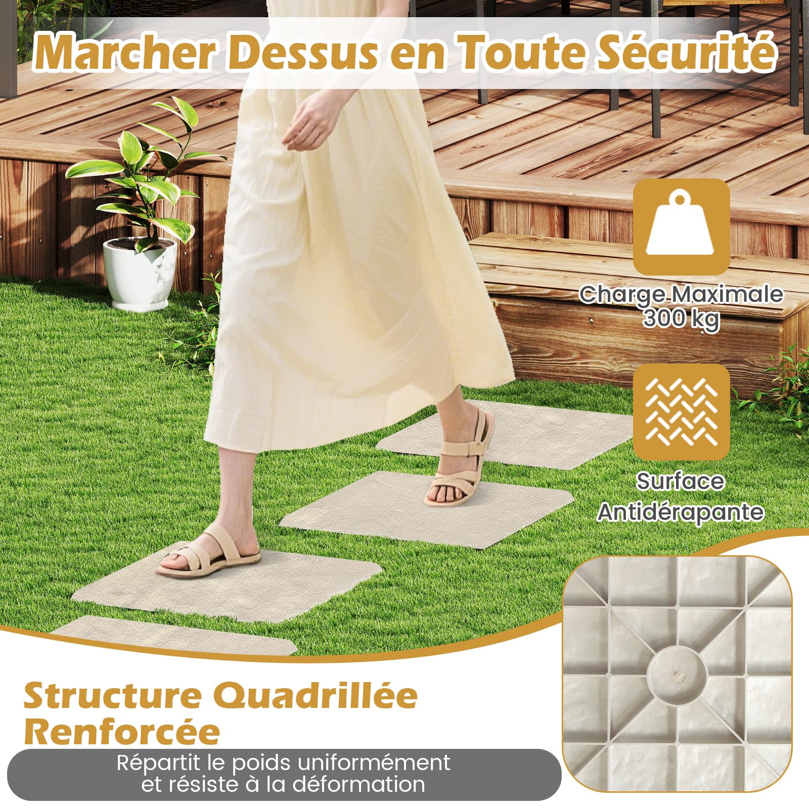 GOPLUS Lot de 8 Dalles de Jardin 39,5x39,5CM, Pavés Décoratifs avec Piquets de Sol, Pierres de Gué Extérieur en PP Résistant aux Intempéries pour Cour, Allée, Passage, Charge 300kg