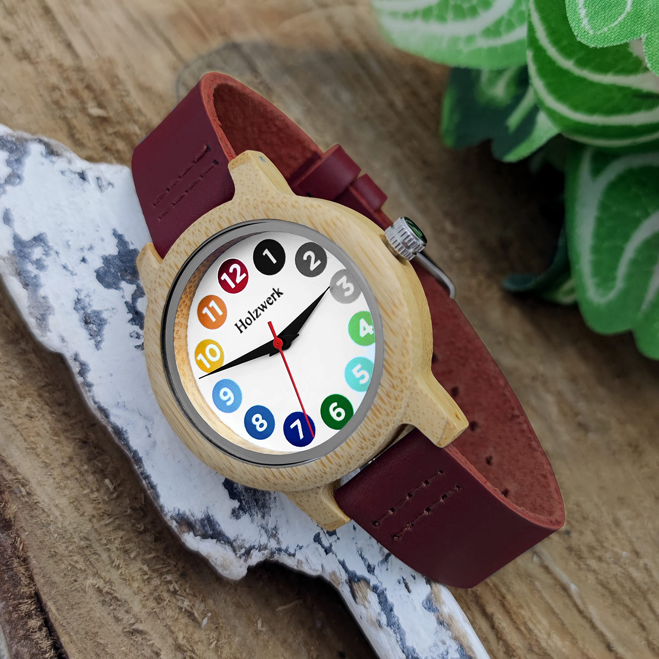 Holzwerk Germany® Mädchen-Uhr Kinder-Uhr Jungen-Uhr Öko Natur Holz-Uhr Lern-Uhr Leder Armband-Uhr Analog Klassisch Quarz-Uhr in Rot Braun Weiß Bunt