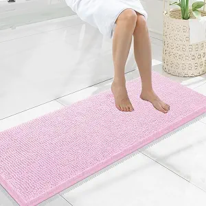 Smiry Luxury Chenille Bathroom Rugs 47x17, Extra Soft and Absorbent Shaggy Bath Mat, Machine Washable, Non-Slip Plush Carpet Runner for Tub, Shower, and Floor, Home Decor Accessories, Pink
