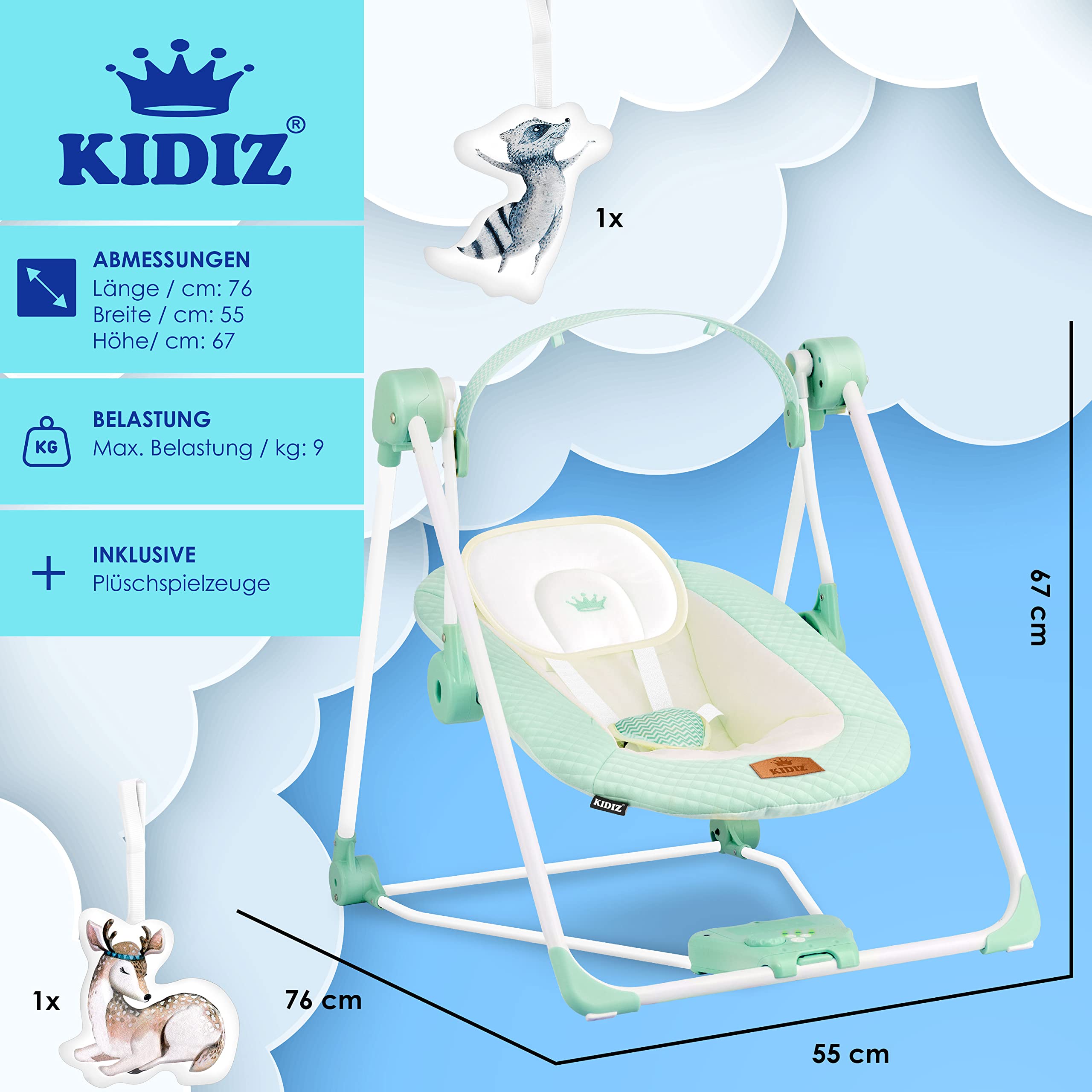 KIDIZ® Balançoire bébé 5 vitesses pliable transat chaise haute arche jeu jouets sons nature