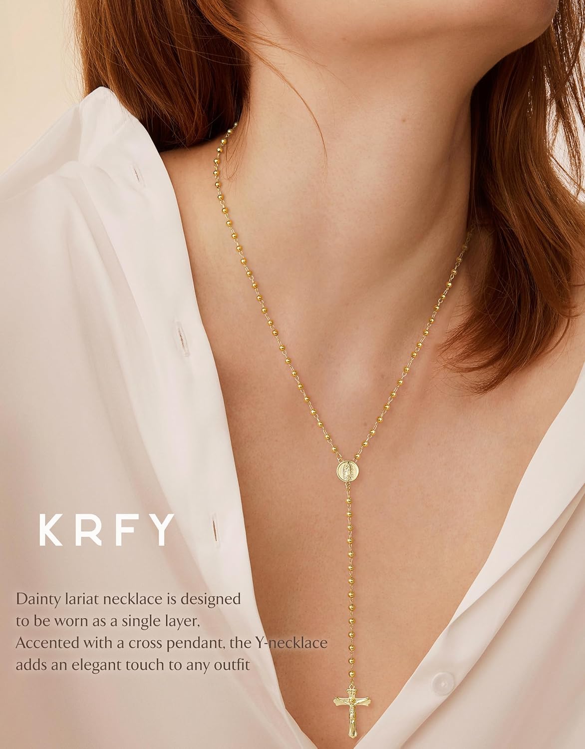 Krfy Lariat Long Necklace for Women, 16K Plated Gold Necklace for Women Dainty, Drop Pendant Cross Necklace, Rosary Beaded Y-Shaped CZ Layered Necklaces, Silver Color Adjustable Chain Jewelry - Image 3