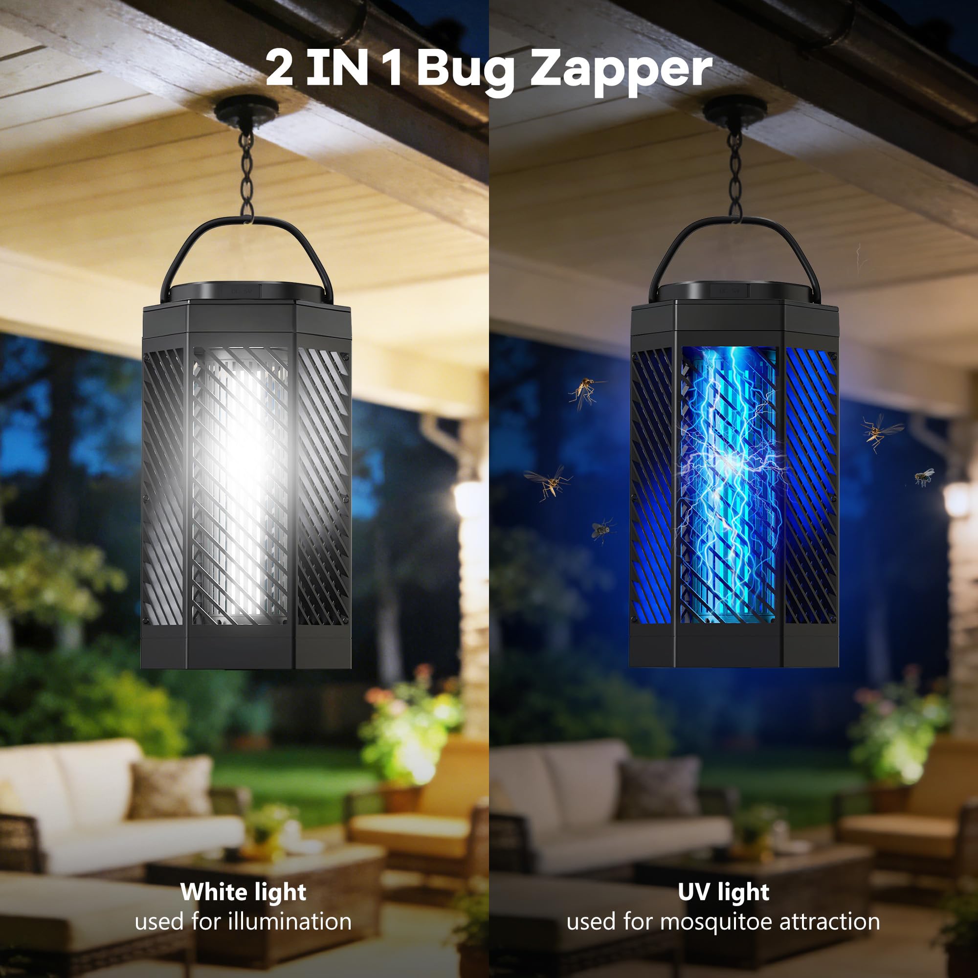 Wiederaufladbarer Insektenvernichter für den Innen- und Außenbereich, 8000 mAh, elektrischer Moskito-Zapper mit LED-Nachtlicht, 2-in-1 tragbarer & kabelloser Insektenvernichter für den Außenbereich