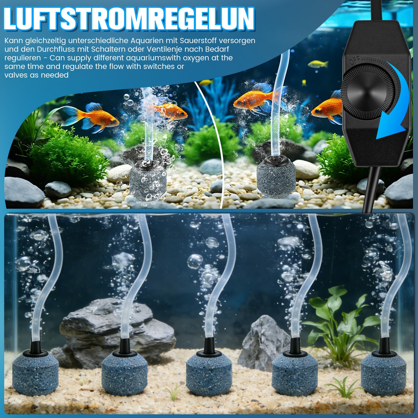 25W Pompa per Acquario con 6 Uscite, Aeratore Acquario Silenzioso fino a 3300L/H, Ossigenatore per Acquario Regolabile per Grandi Acquari, Laghetti da Giardino e Idrocoltura, Pompa Aria Potente