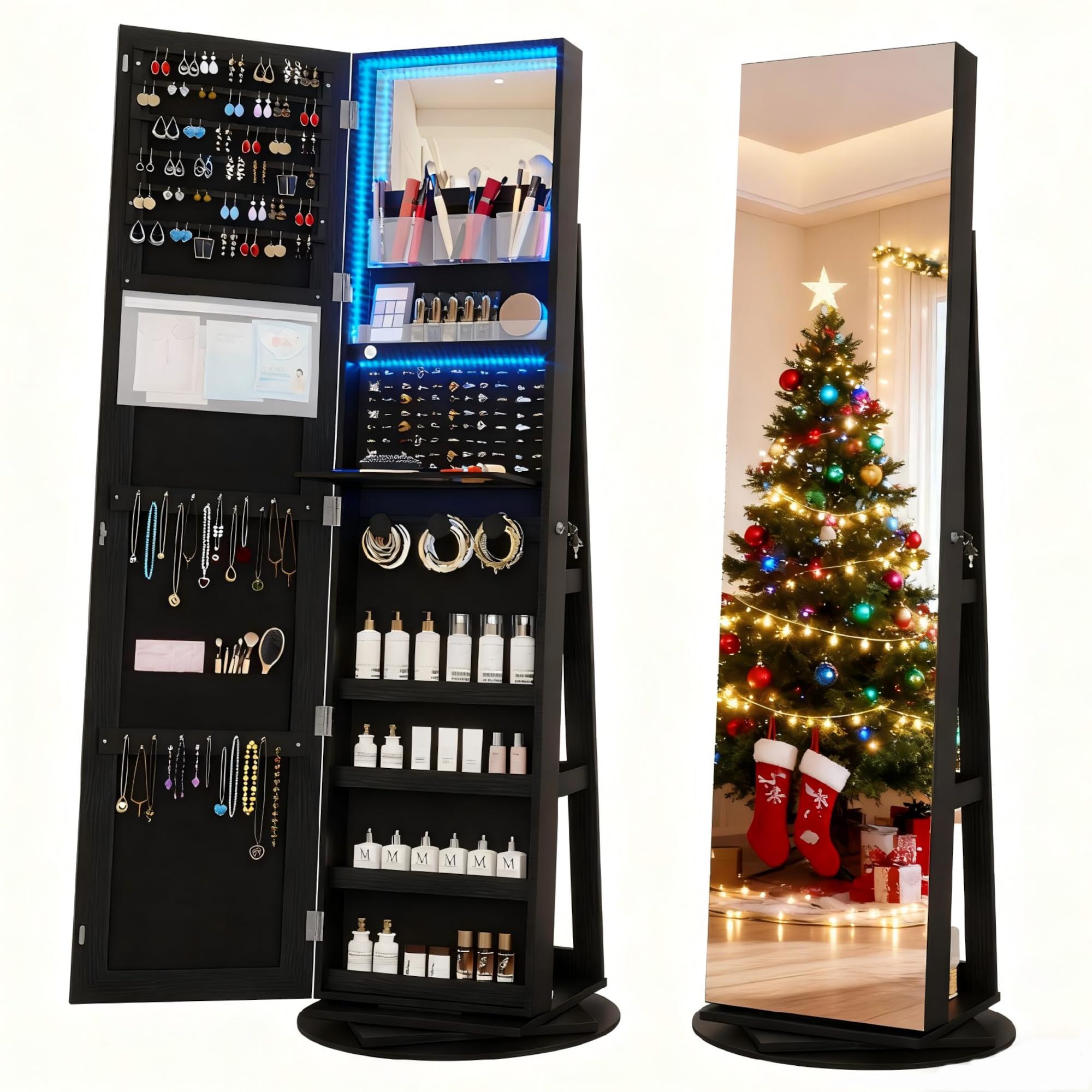 Vlsrka 360° Swivel Mirror Jewelry Cabinet with Lights, Large Jewelry Armoire Cabinet Standing, Lockable Free length Mirror with Storage, Rear Storage Shelves, Black