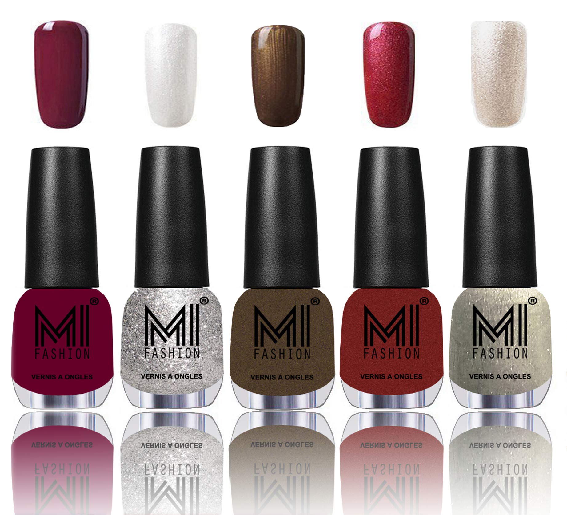 MI Fashion Lasting Durable Nail Polish Combo Shades - Deep Red,Shimmery Silver,Metallic Coffee,Lava Lust,Ginger Rust
