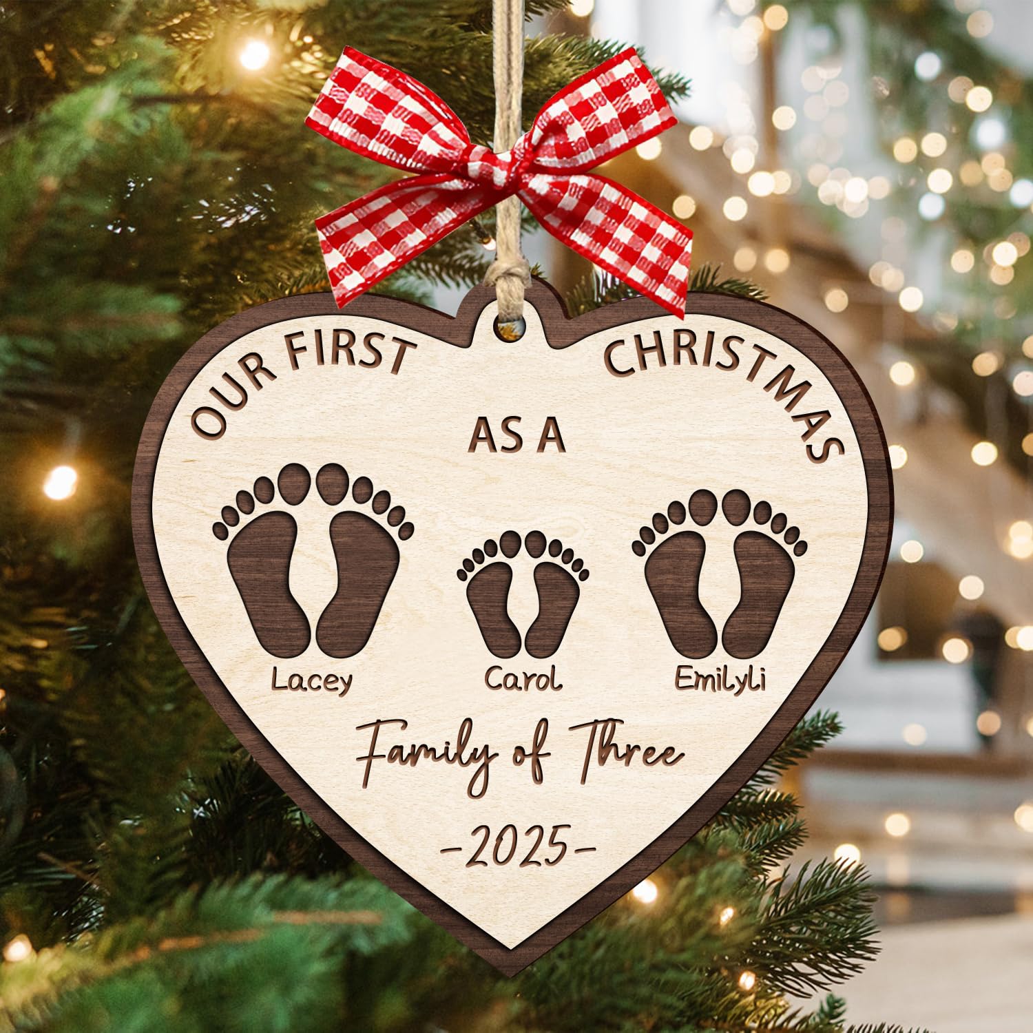 Custom Our First Christmas As A Family of Three Footprints Ornament, Personalized 2-Layered 2025 1st First Christmas Family of 3 New Baby Wooden Ornament Xmas Tree Crafts Gifts for New Mom (style01)