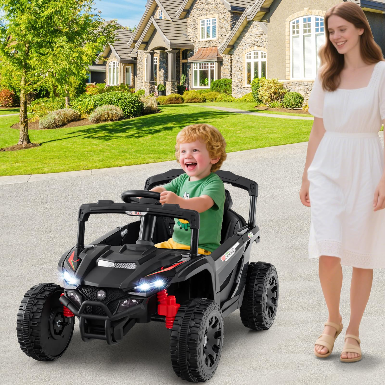 COSTWAY 12V Elektroauto Kinder, Elektrischer UTV-Truck mit Fernbedienung, 3 Geschwindigkeiten, LED-Lichter, Musik, Hupe & Federung, Kinderauto Kinderfahrzeug für Jungen & Mädchen ab 3 Jahren (Schwarz)