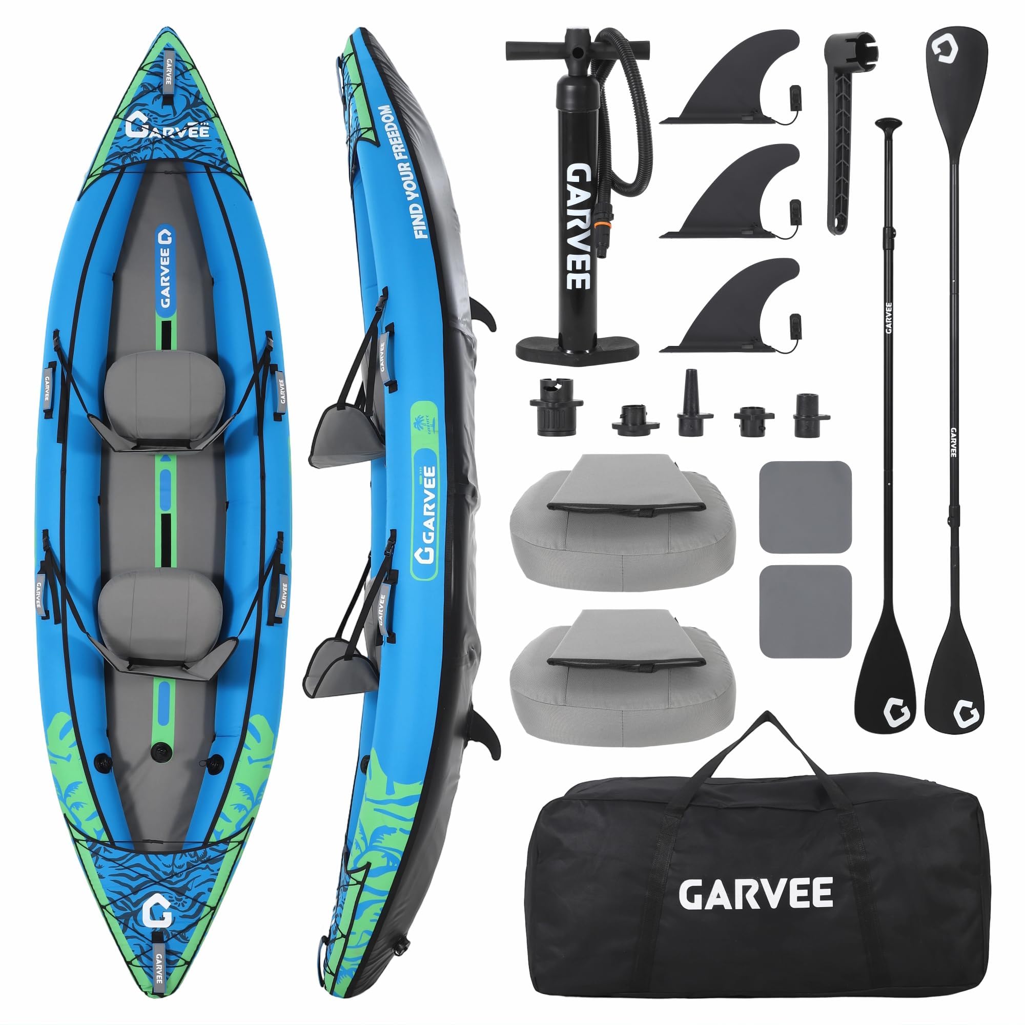 Garvee Kayak Gonflable 2 Places Adulte – 12,5 Pieds – Sièges rembourrés, 3 ailerons Amovibles, Pompe à Main – Sac de Transport, kit de réparation – Capacité 204 kg – Pêche, Loisirs lac/rivière