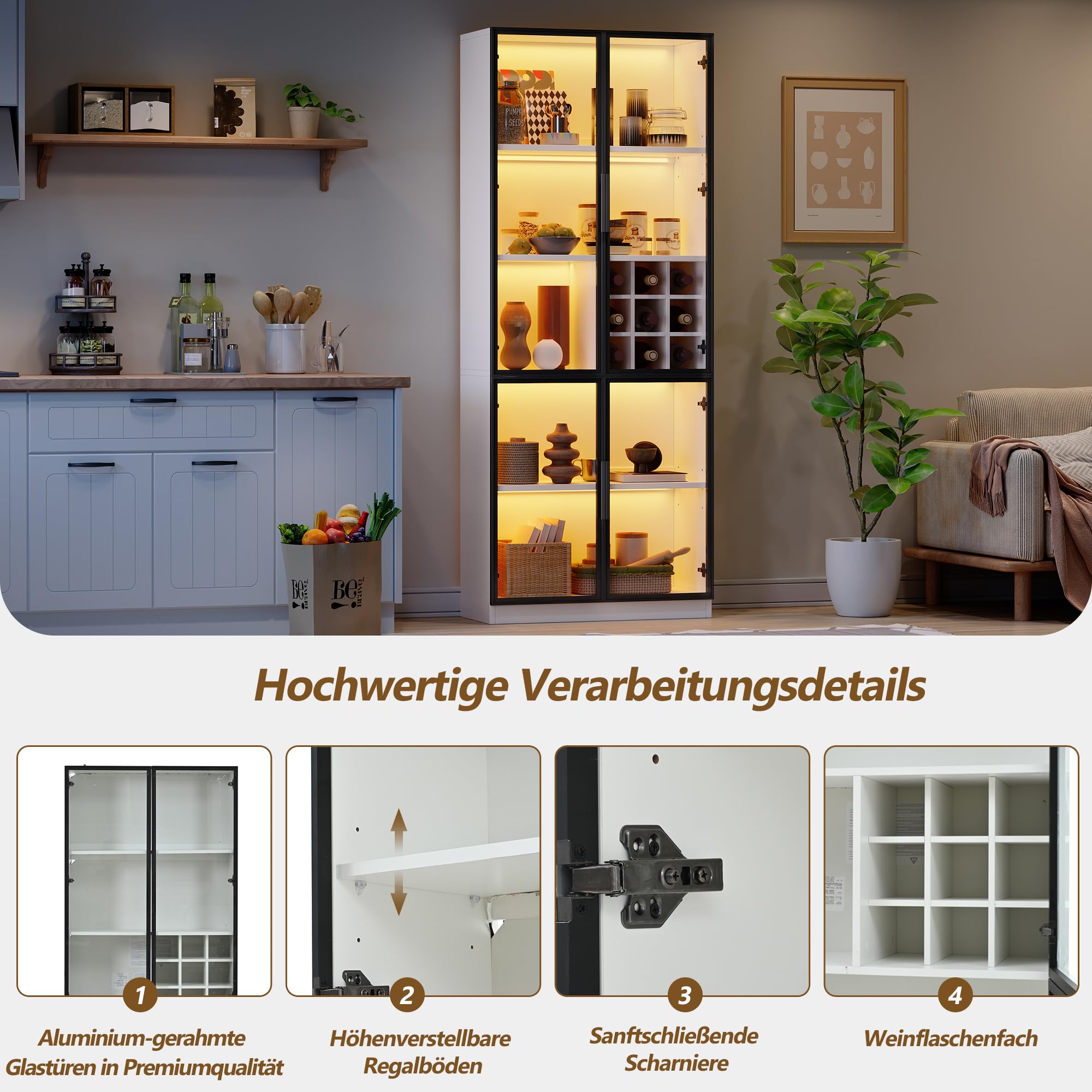 Kebnor Vetrina in Vetro con LED, Armadio Alto, Libreria, Vetrina per Vino, Elegante Credenza con Doppie Porte, Scaffale in Vetro e Supporto per Vino, 80 x 35 x 200 cm, Bianco