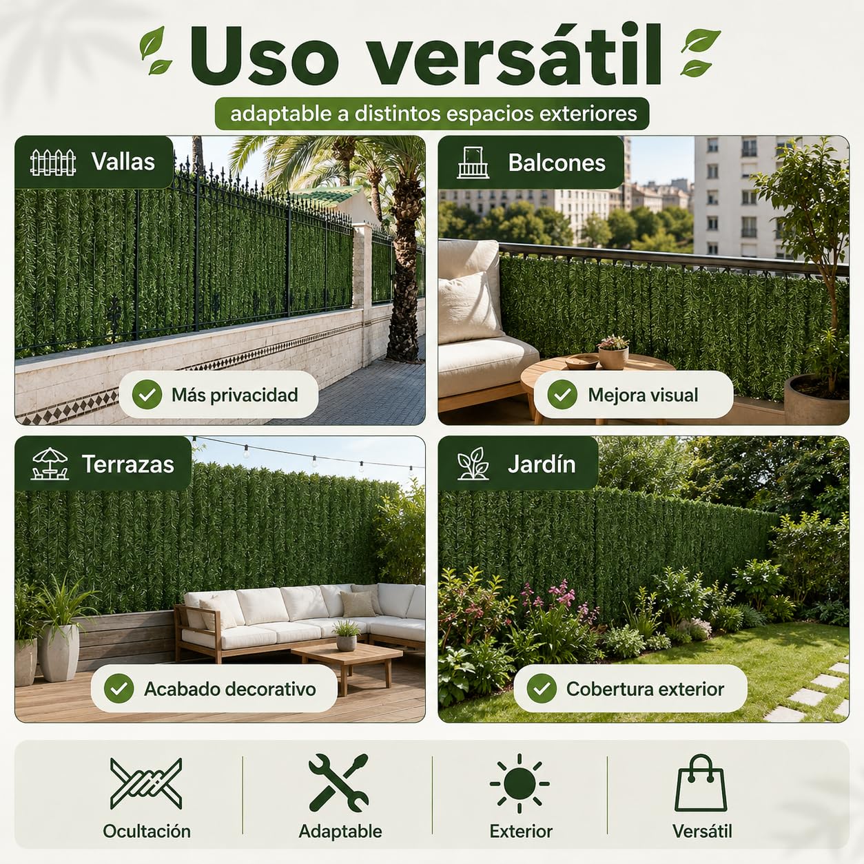 Seto Artificial Ocultación Jardín, Pack 2 Unidades de 1x3m, para Jardin o Terraza, Ocultación 90%, Seto Decorativo, Tratamiento UV, fijación con Alambre, Color Verde