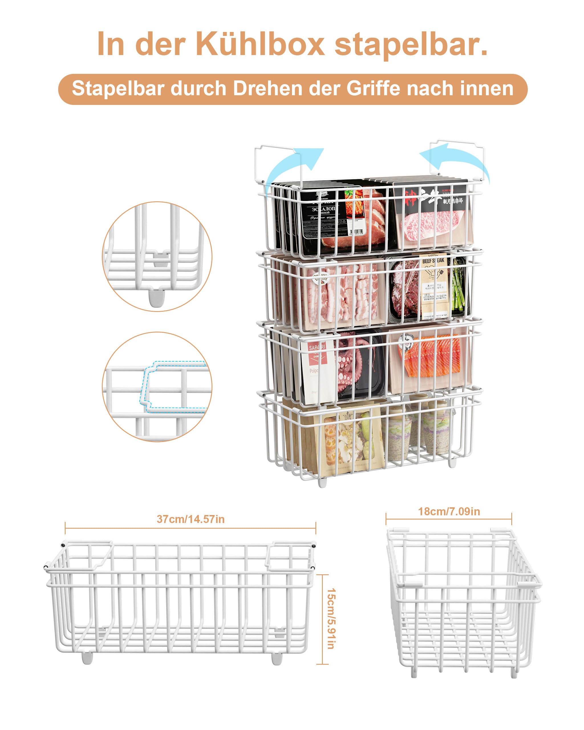 Gefriertruhe Korb 4 Stück Metall Gefrierschrank Organizer Stapelbare Drahtkörbe Mit Griff Rutschfestem Boden Weiß