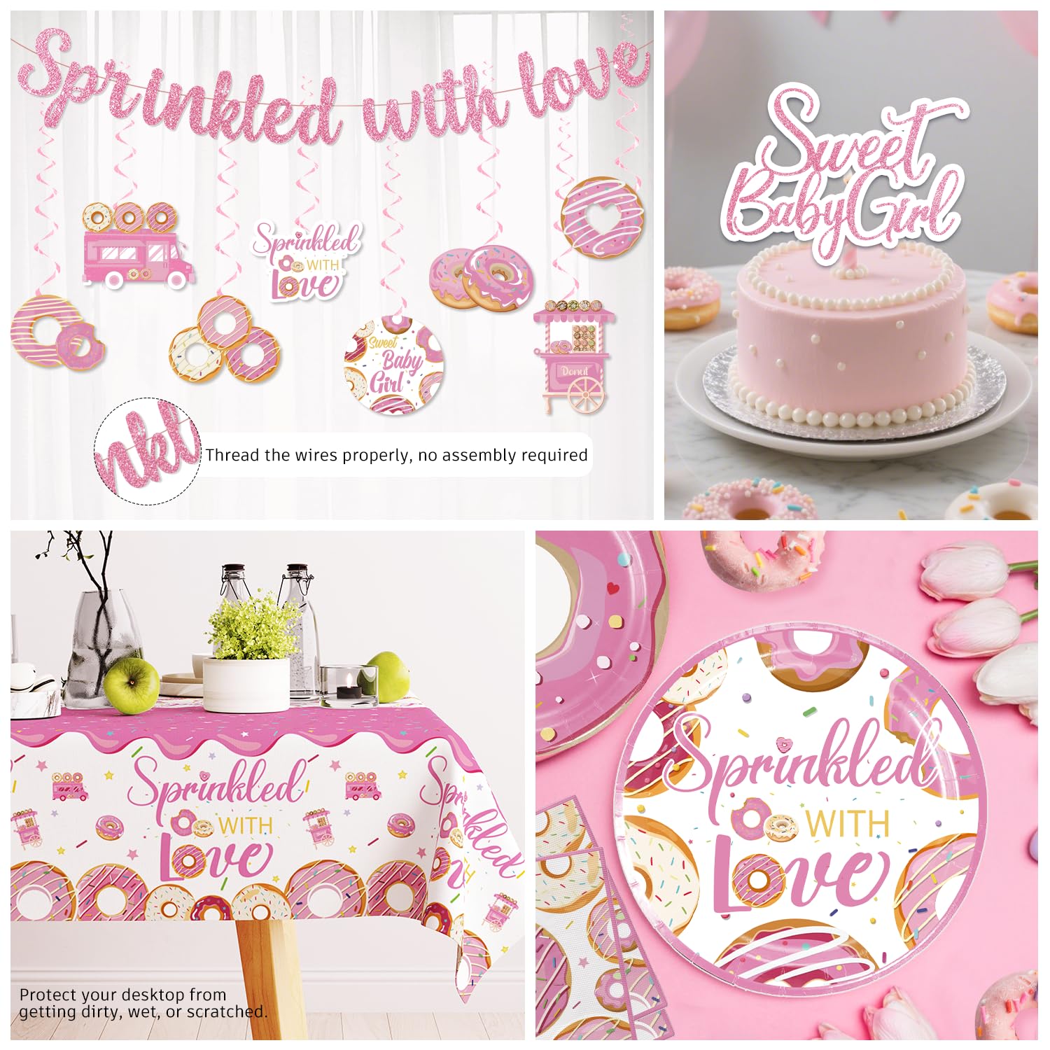 Xynic 140pcs Baby Sprinkle Decorations for Girl, Disposable Paper Tableware Includes Pre-threaded Banner 40 Plates 2 Tablecloths, 20-pack Tableware Suitable for Sprinkled with Love Baby Shower