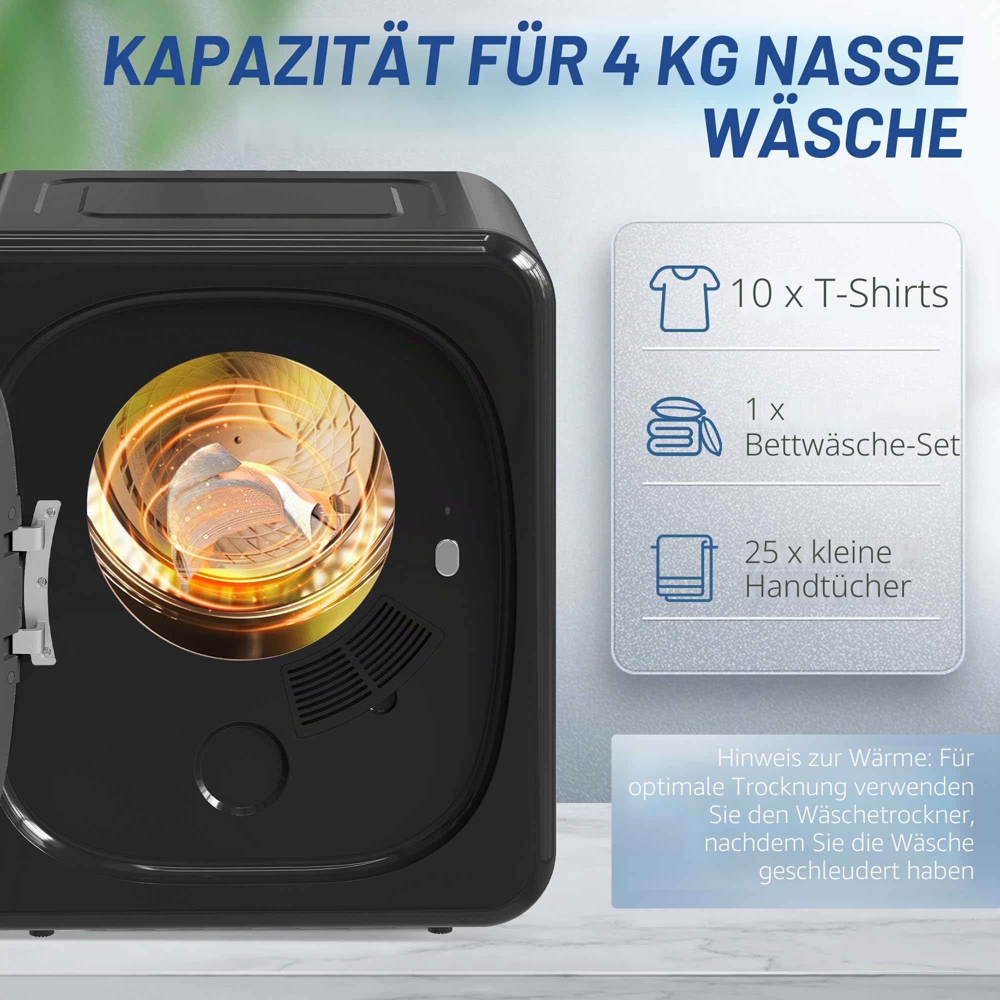 HOMCOM Kompakter Ablufttrockner Elektrischer Wäschetrockner 800 W 4 Kg mit 5 Trocknungsstufen, Edelstahlbehälter, Frontlader, für Wohnung, Haus, Wohnmobile, schwarz