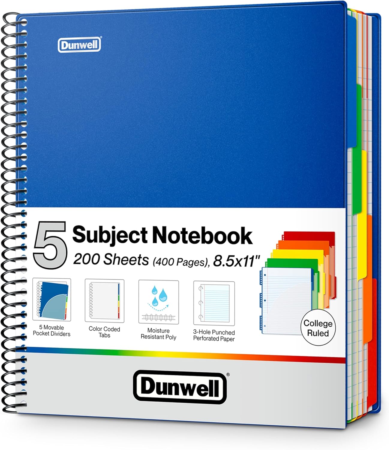 Dunwell 5-Subject Spiral Notebook, College Ruled (Blue), Colorful Movable Pocket Dividers with Tabs, Front/Back Plastic Covers, 200 Sheets (400 Pages) of 3-Hole Punch Perforated 8.5x11 Paper