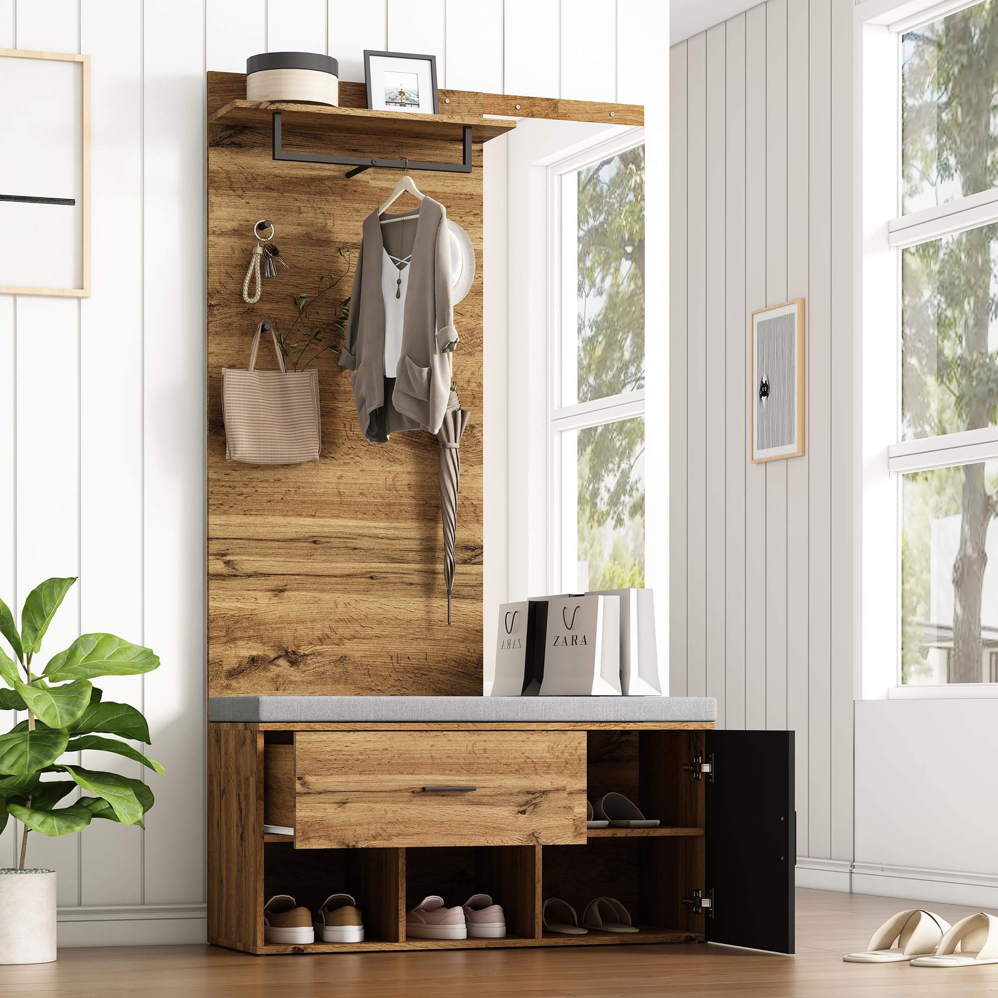 Fppuueg Mueble de Recibidor con Espejo Perchero y Zapatero, Juego de Perchero de Pared con Cajones Almacenamiento y Acolchado, Conjunto de Armario para Entrada Pasillo, 104x190x39 cm, Negro y Natural