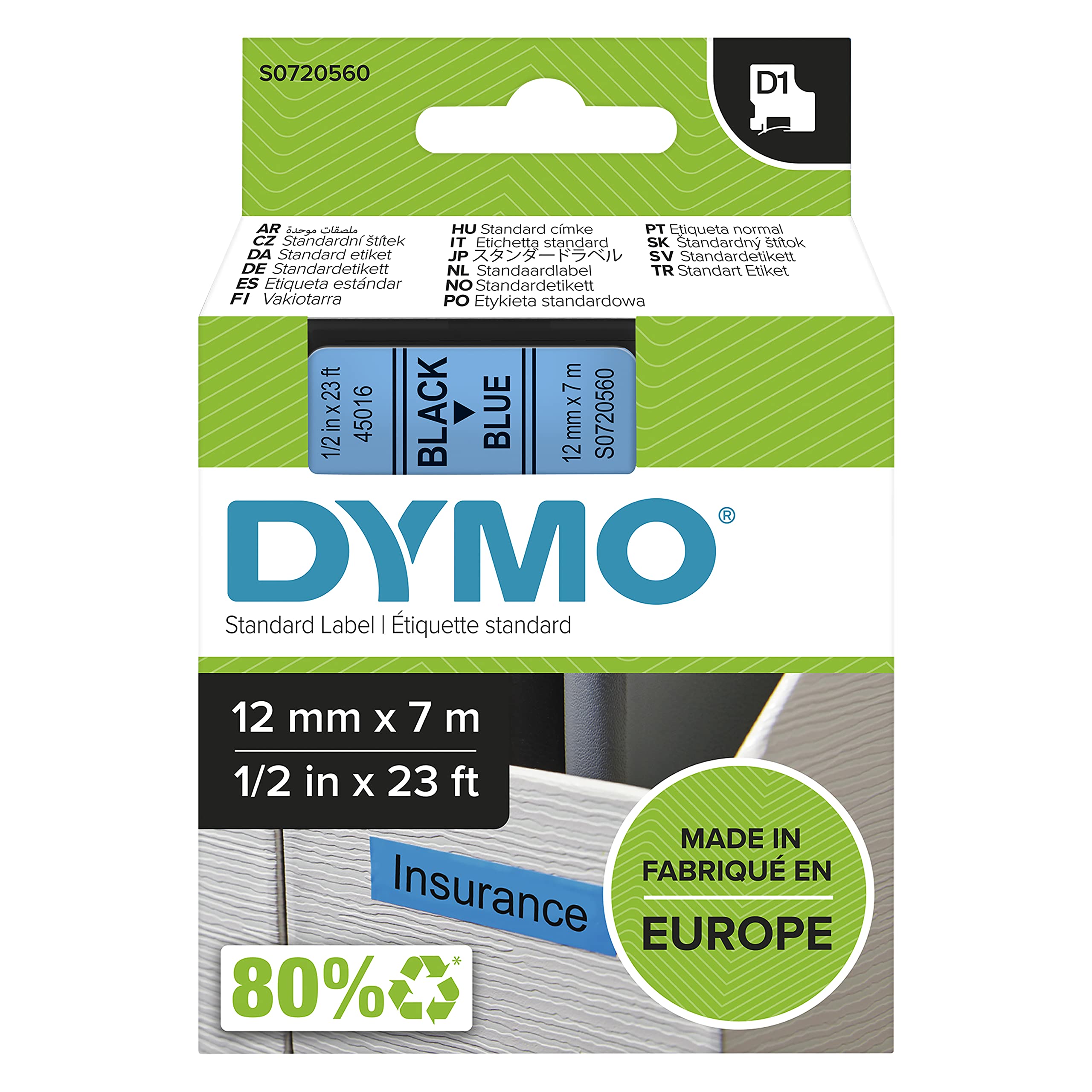 DYMOGenuine D1 Label Tape | Black on Blue | 12mm x 7m | Self Adhesive Label Tape | for LabelManager Labelling Machine