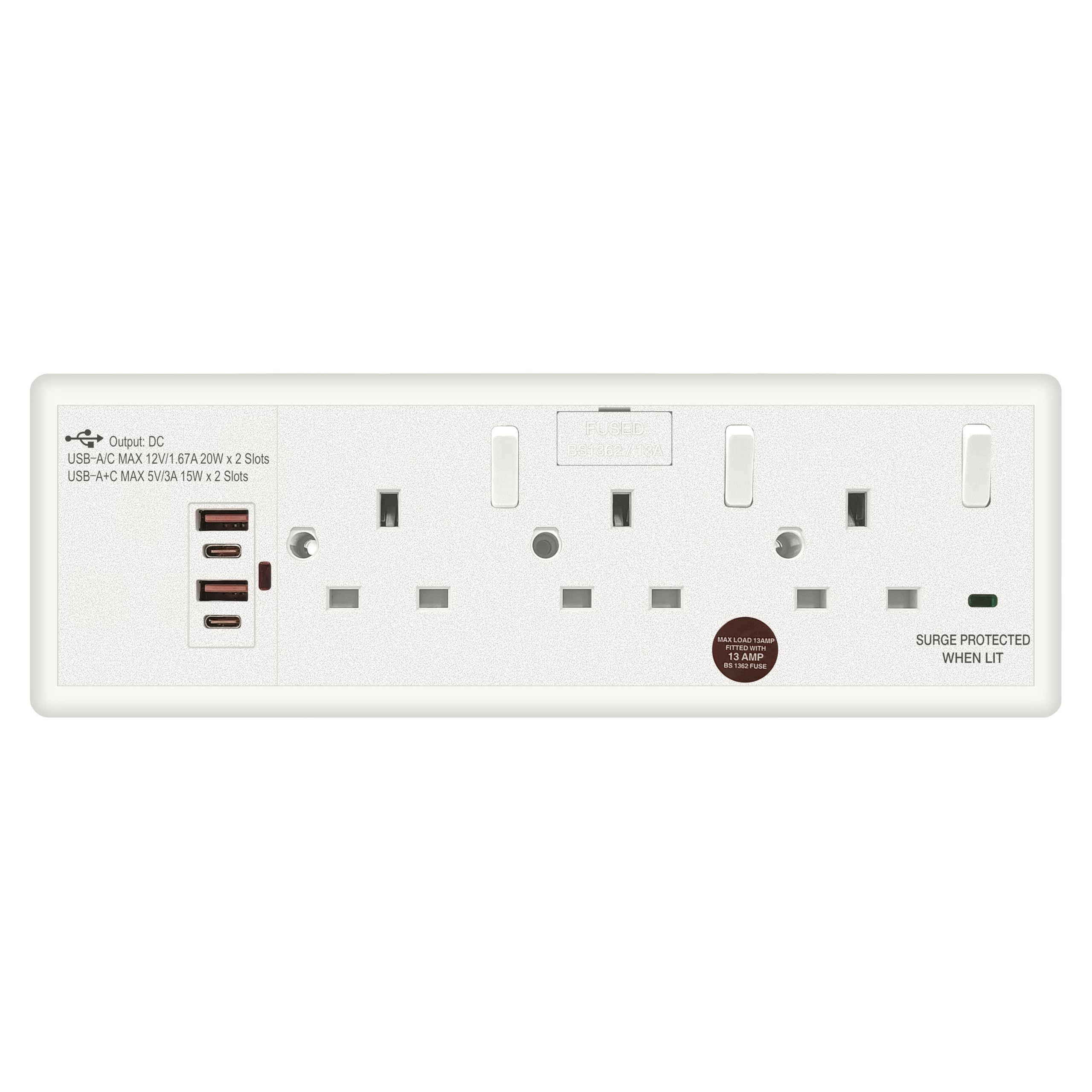 Evoges 1 to 3 Gang Switched Socket Converter with 4 USB C & A, Surge Protected 1G 2G to 3 Way Wall Socket Adapter, 13A Fused