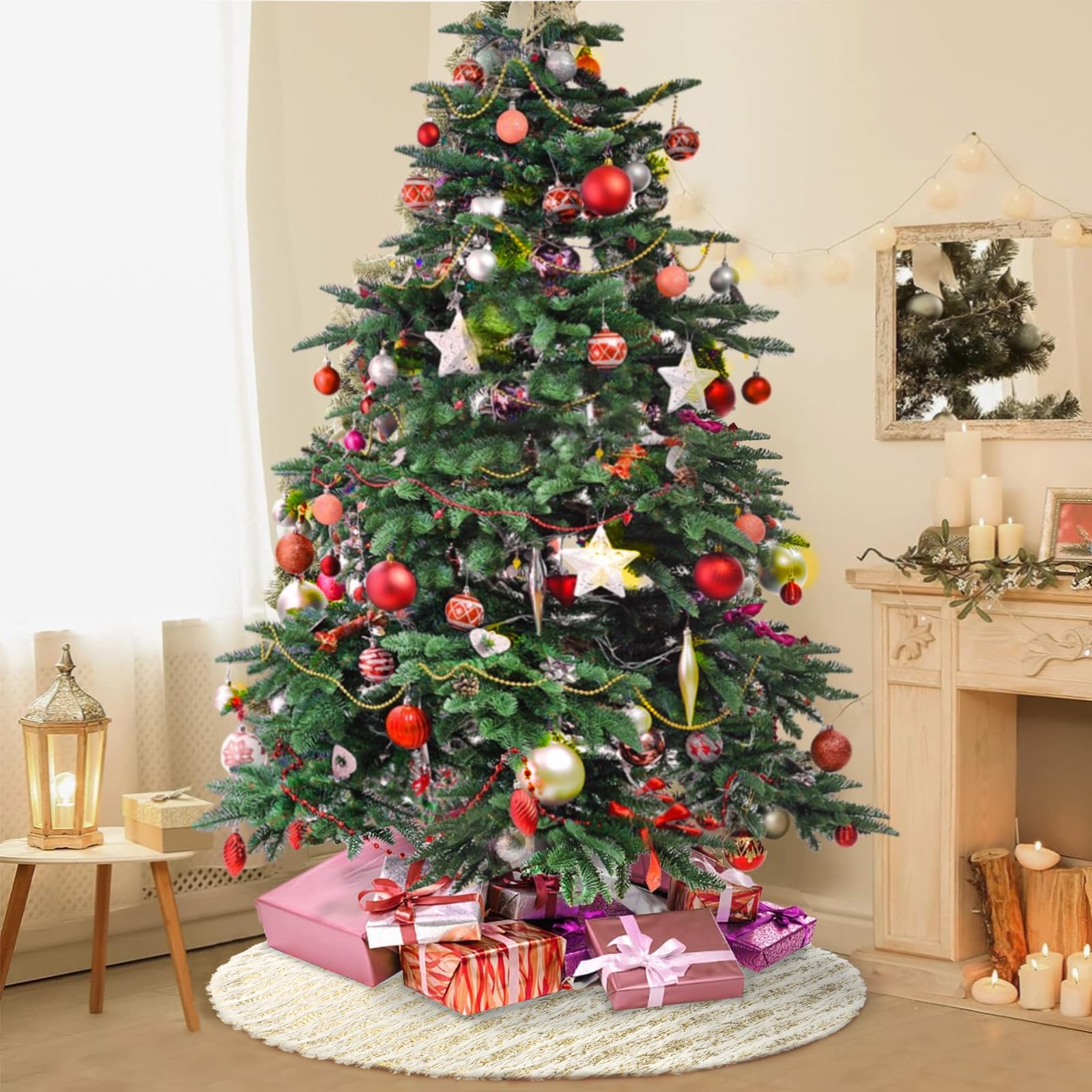 Dremisland Jupe de sapin de Noël blanche et dorée en fausse fourrure avec rayures à paillettes - Jupe de sapin en peluche douce pour décoration de sapin de Noël, fête d'hiver, vacances (doré, 122 cm)