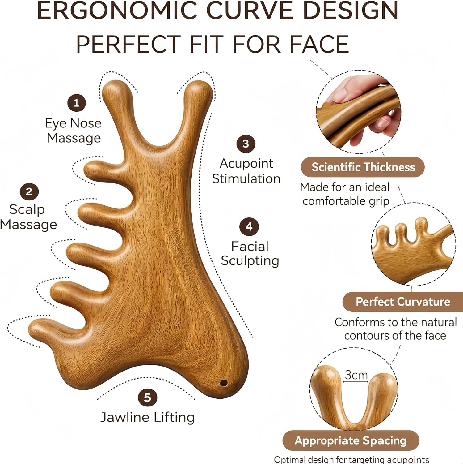 Wooden Acupressure Comb Set, Scalp Comb and 4-in-1 Gua Sha Tool