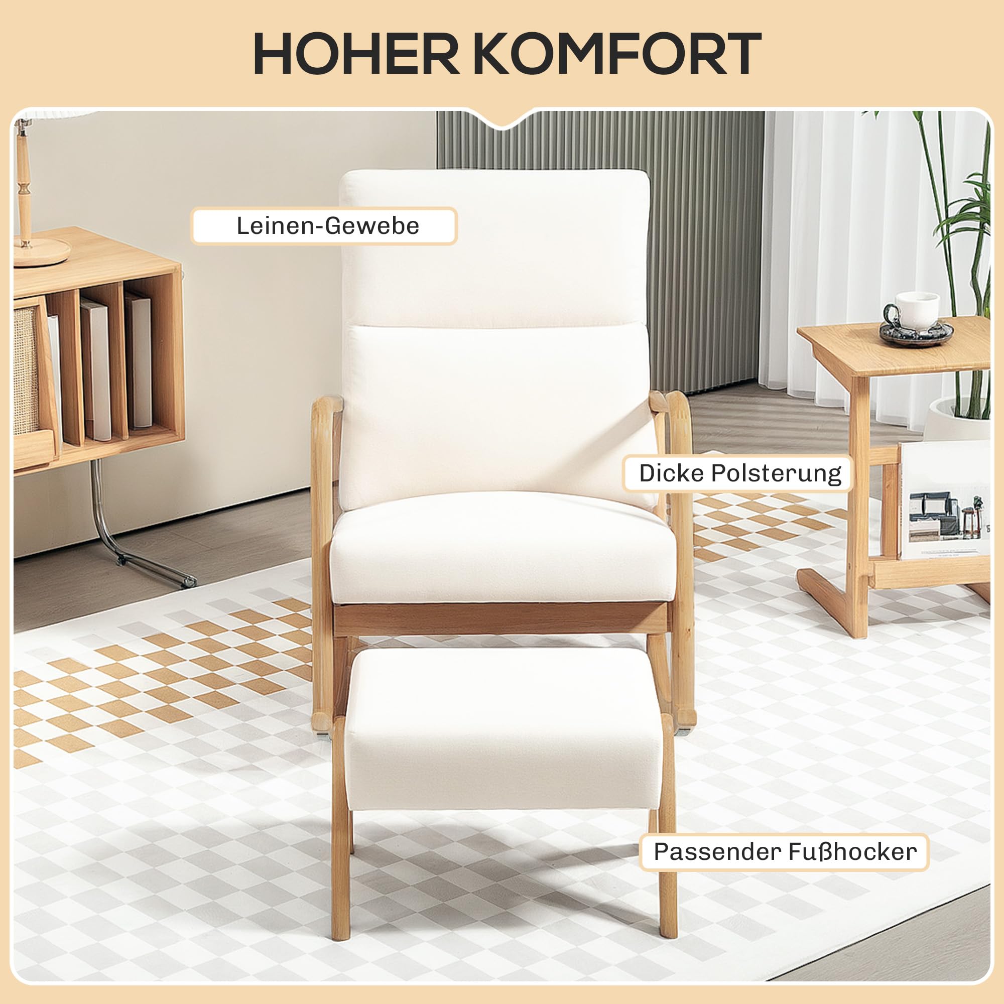 HOMCOM Schaukelstuhl mit Hocker Schaukelsessel Schwingsessel mit Leinenoptik Polstersessel Sessel für Wohnzimmer, Schlafzimmer, Cremeweiß