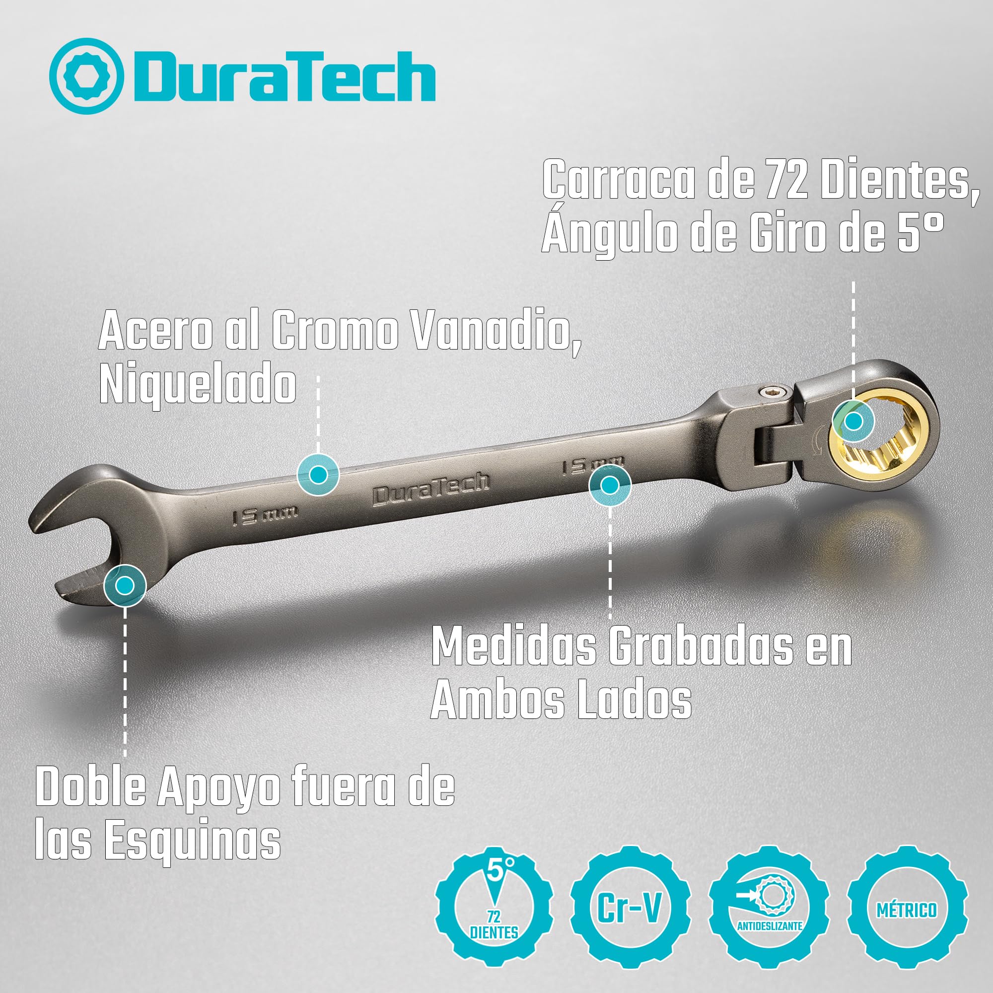 DURATECH Juego de llaves de trinquete con cabeza flexible antideslizante, juego de llaves combinadas, 12 piezas, 72 dientes, métricas, 8-19 mm, acero CR-V, organizadas en estuche de almacenamiento