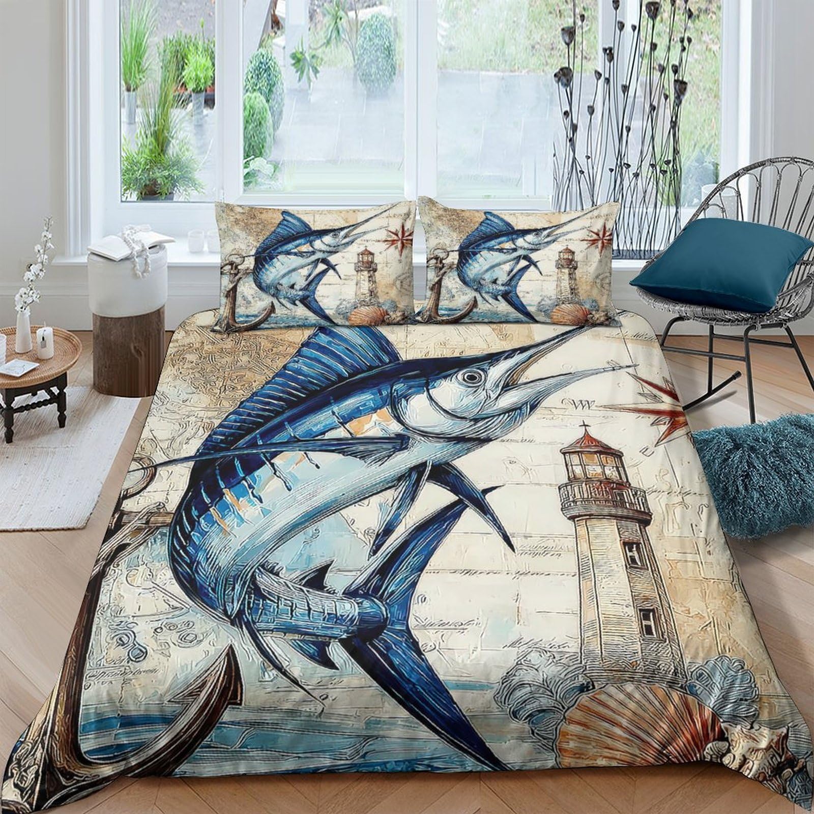 Ctjqhvkz Style-9 3D Printed Blue Swordfish Fitted Sheet Microfiber Soft Nautical Lighthouse Bed Cover For Bedroom Decor Protection Single（135X200cm）