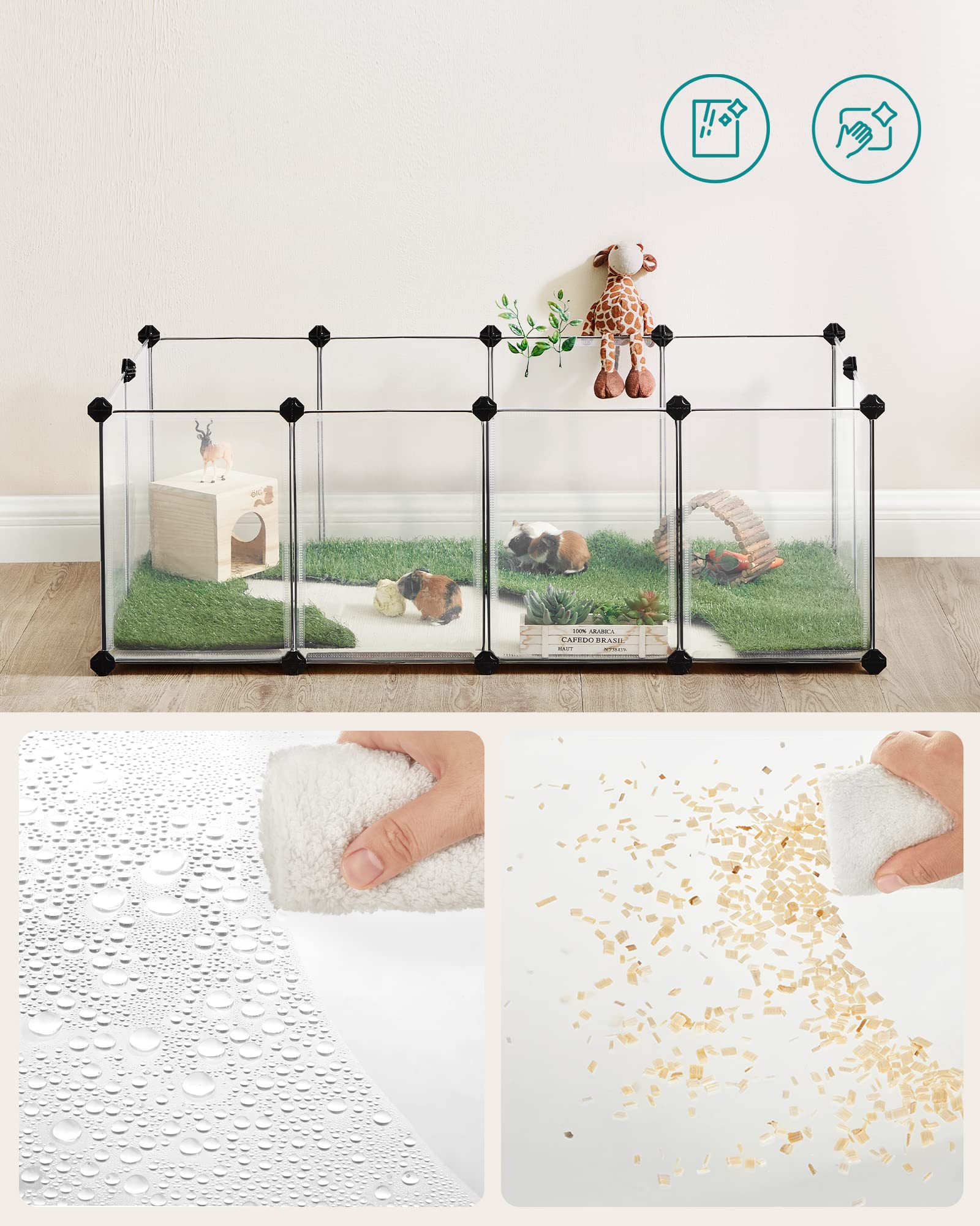 SONGMICS Freigehege mit Bodenplatten, 2er Set, Laufstall, Meerschweinchen Gehege, aus Kunststoff, Gehege für Hamster, Kaninchen, Igel, 125 x 63 x 42 cm, weiß LPC001W02