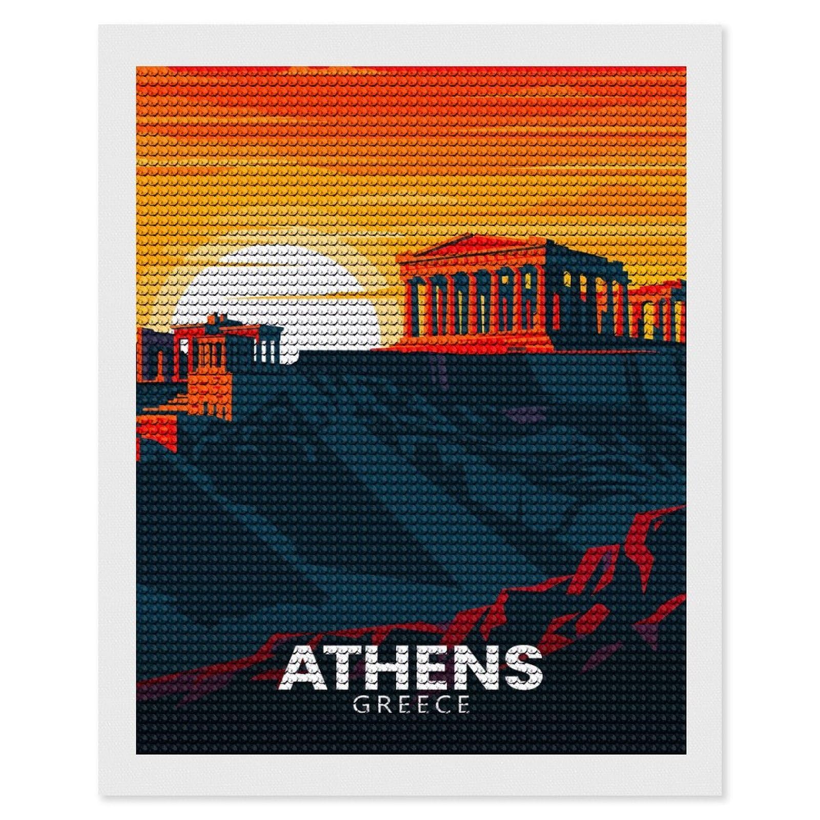 Junmoney Athens Greece Travel (7) Diamond Painting Canvas Set 16"x20", for Women, Mindful Craft Activity, Cosy Home Accent, Festive Craft Gift