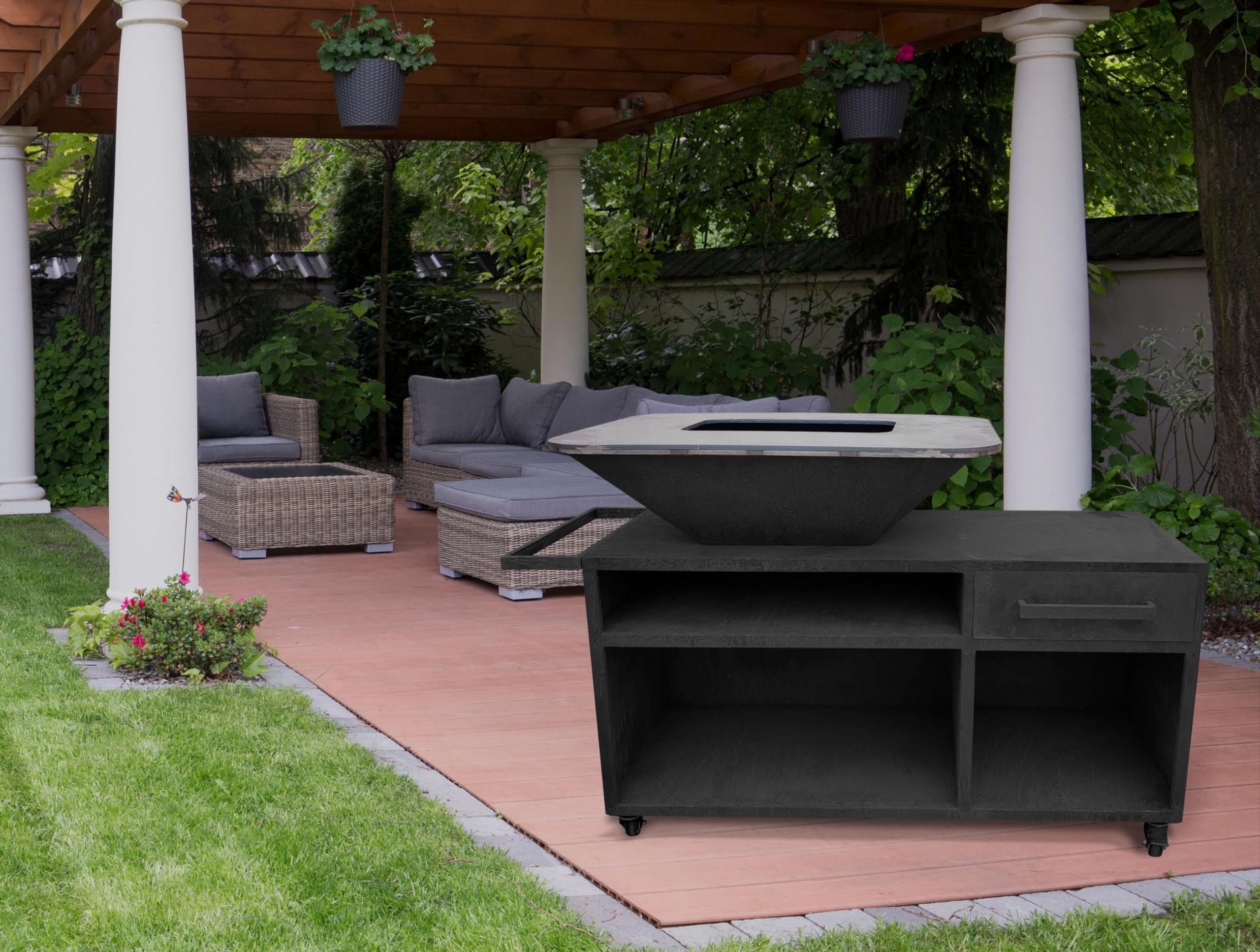 PURLINE | Barbecue avec armoire en acier, grande plaque de cuisson et gril - Grand barbecue d'extérieur avec rangement intégré et plaque de cuisson professionnelle en acier (Noir)