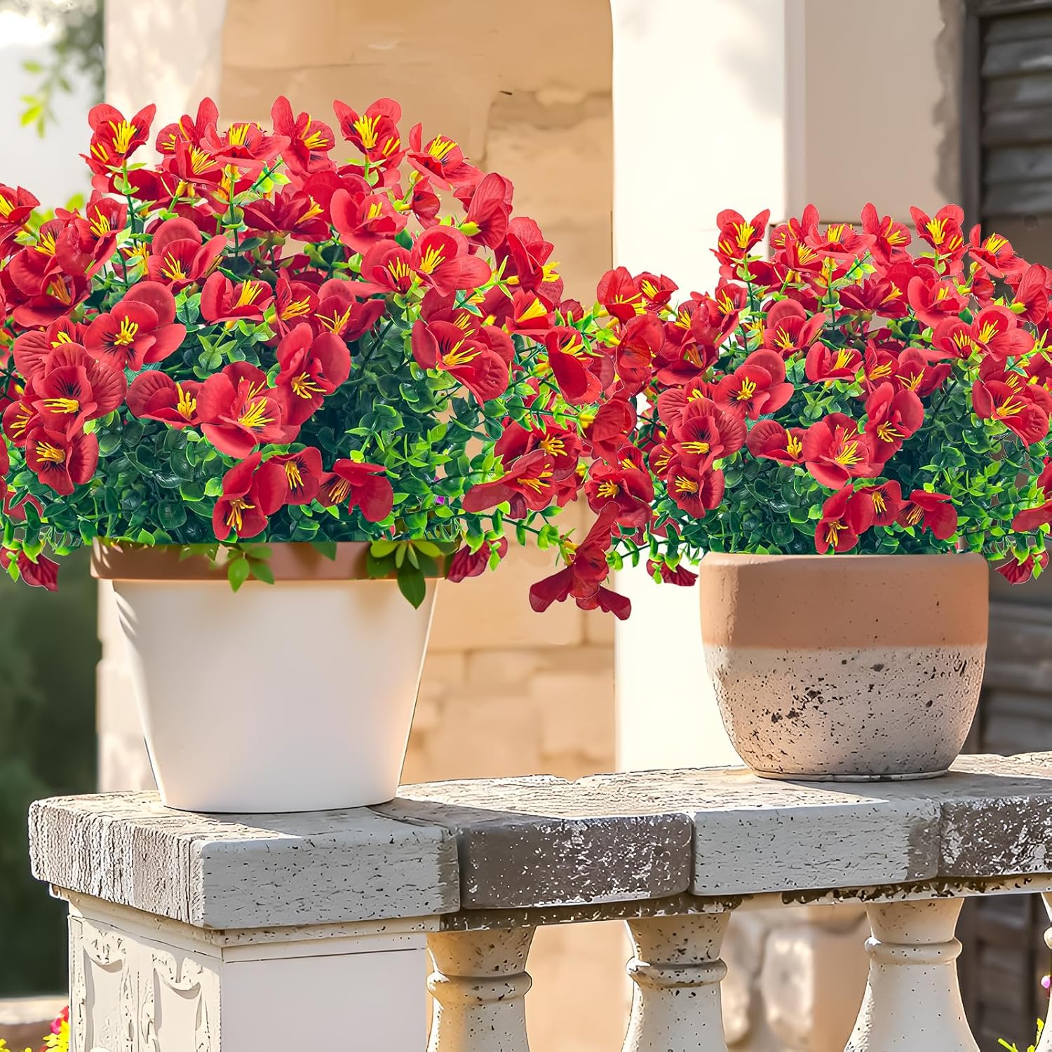 8 Bundles Artificial Fake Flowers Outdoor,UV Resistant Outside Faux Plastic Flowers Shrubs for Outdoors Patio Garden Porch Décor(Red) - Image 2