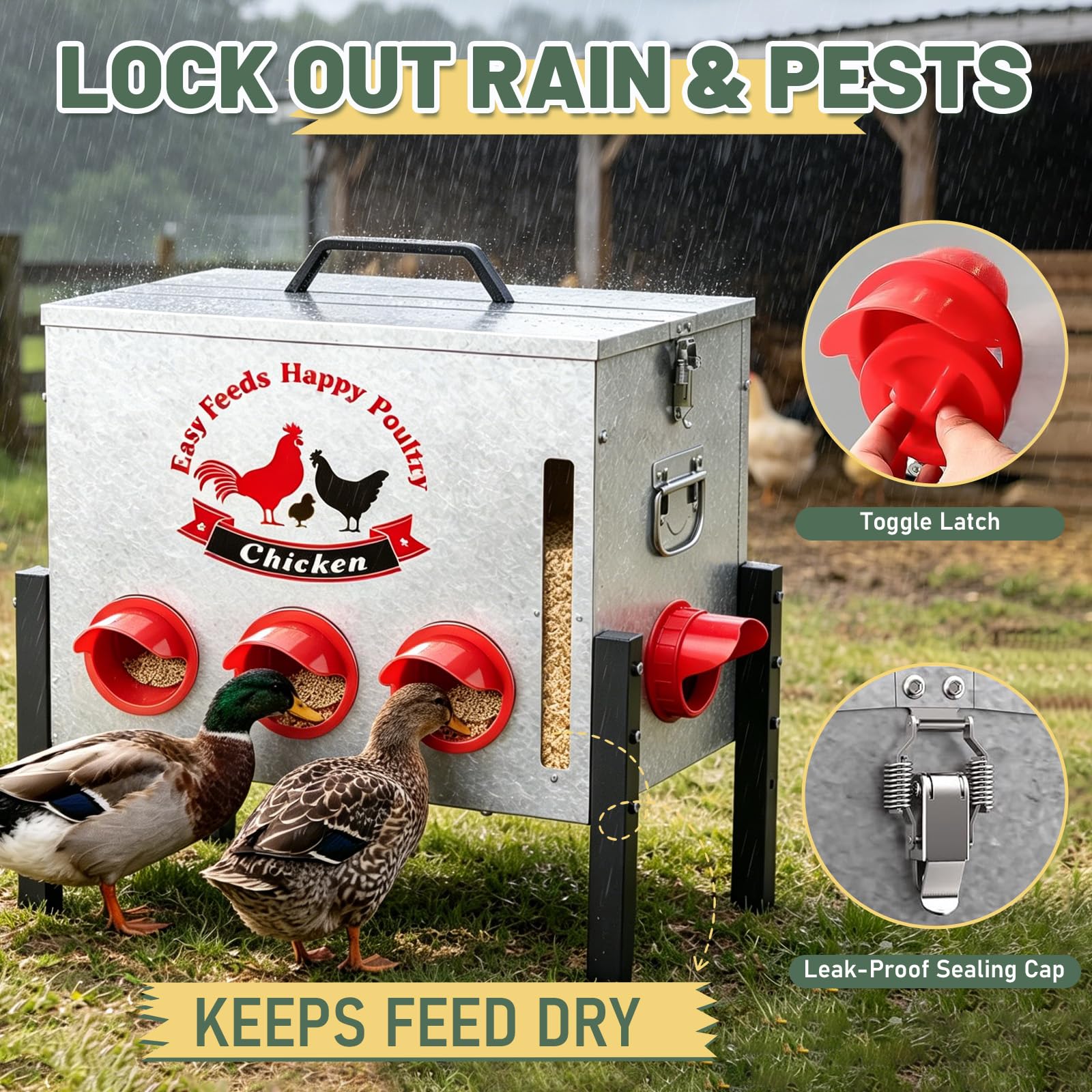 Comedero automático para gallinas de 25 kg con 8 orificios de alimentación, ventana, tapa con cierre, altura ajustable, resistente a las ratas, almacenamiento de alimentos para pollos, patos, gansos