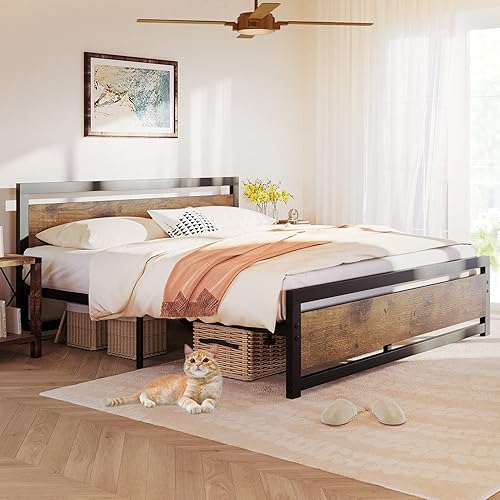 Amyove Base de cama tamaño King con cabecera y estribo de madera, plataforma de cama King de metal, no necesita somier, 14 pulgadas, fácil de
