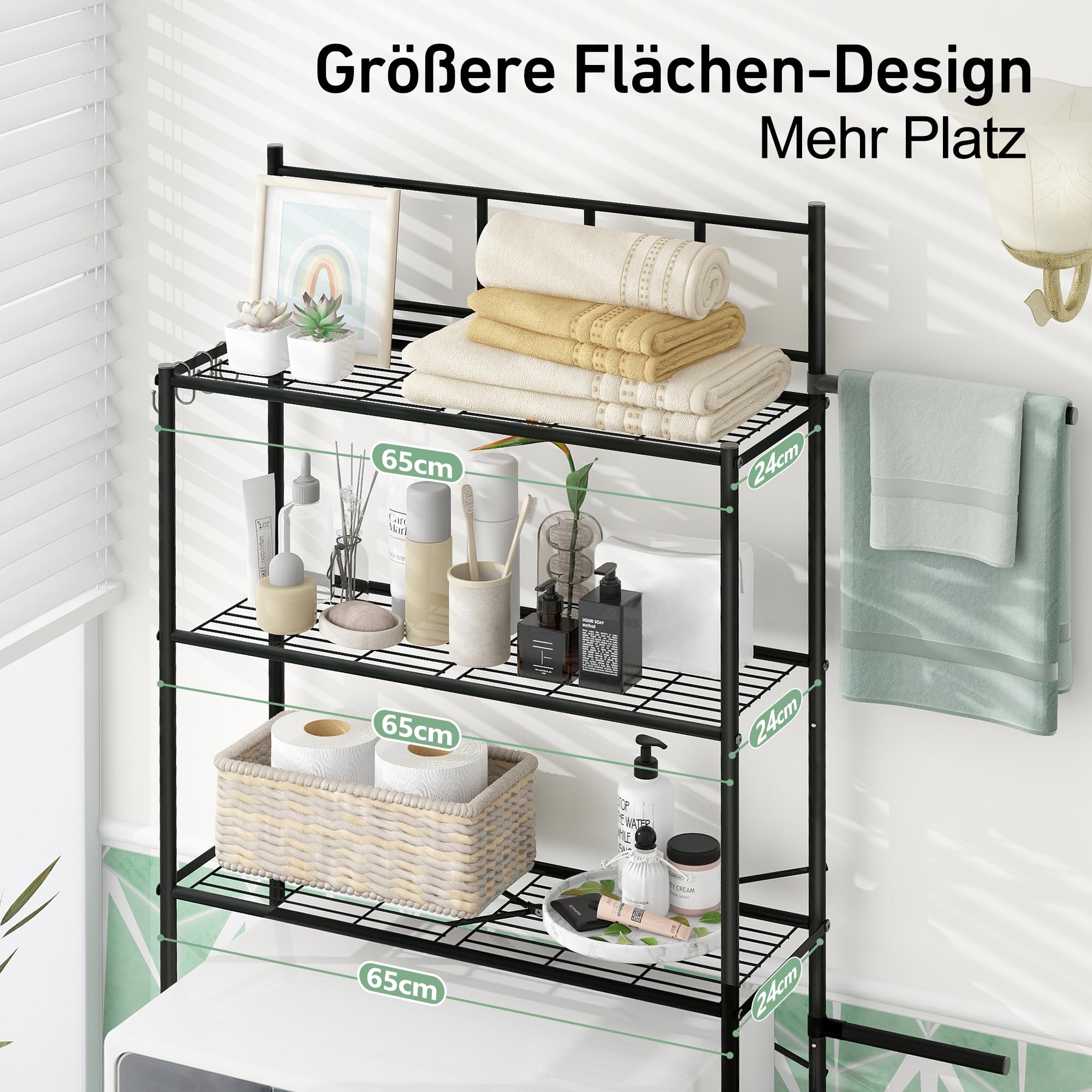 waschmaschinenschrank,Toilettenregal, 3-stufig Waschmaschinenregal, Handtuchhalter，platzsparend für das Badezimmer, über der Toilette, Metall，einfach zu montieren，65x167x24cm(Tiefschwarz)