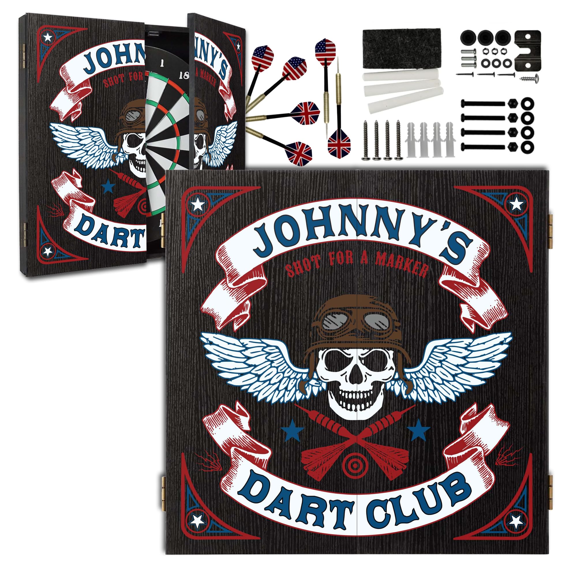 Personalized Dart Board Cabinet Set with 6 Steel Tip Darts, Paper Dartboard, Chalk & Eraser (21.5 x 21.5 x 2.75) - Man Cave Dart Boards for Adults