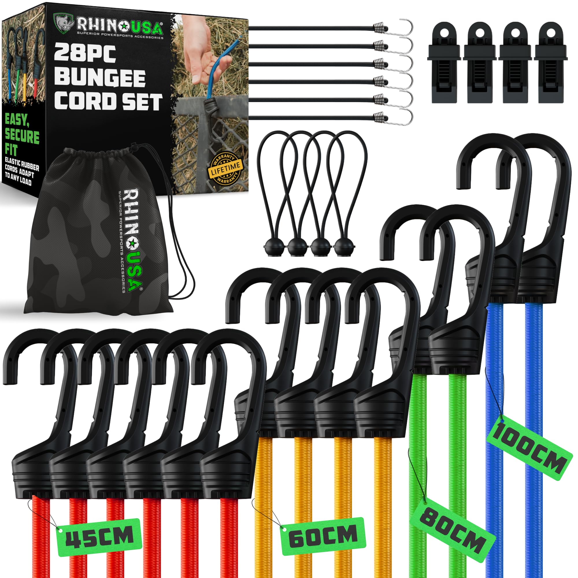 Rhino USA Cuerda Elástica con Ganchos (28 Piezas) Pulpos Elástico con Gancho, Cortos y Largos - 4 Clips para Lona Gratis, Bolsa con Cordón, Cuerdas para Toldo & Bungee Cord - Resistentes a Rayos UV