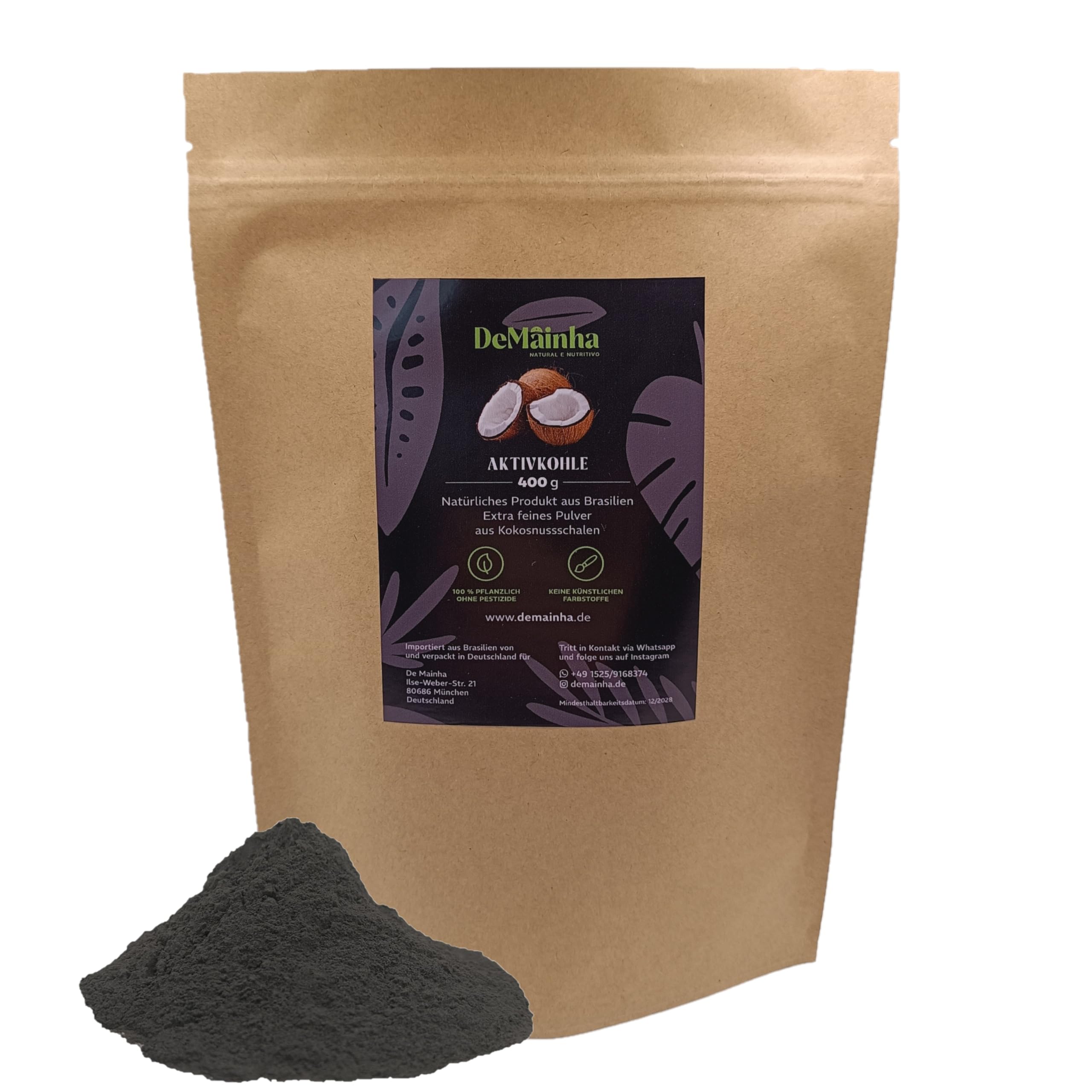 Polvo de carbón activado premium 400 g - 100% vegetal de cáscaras de coco brasileñas